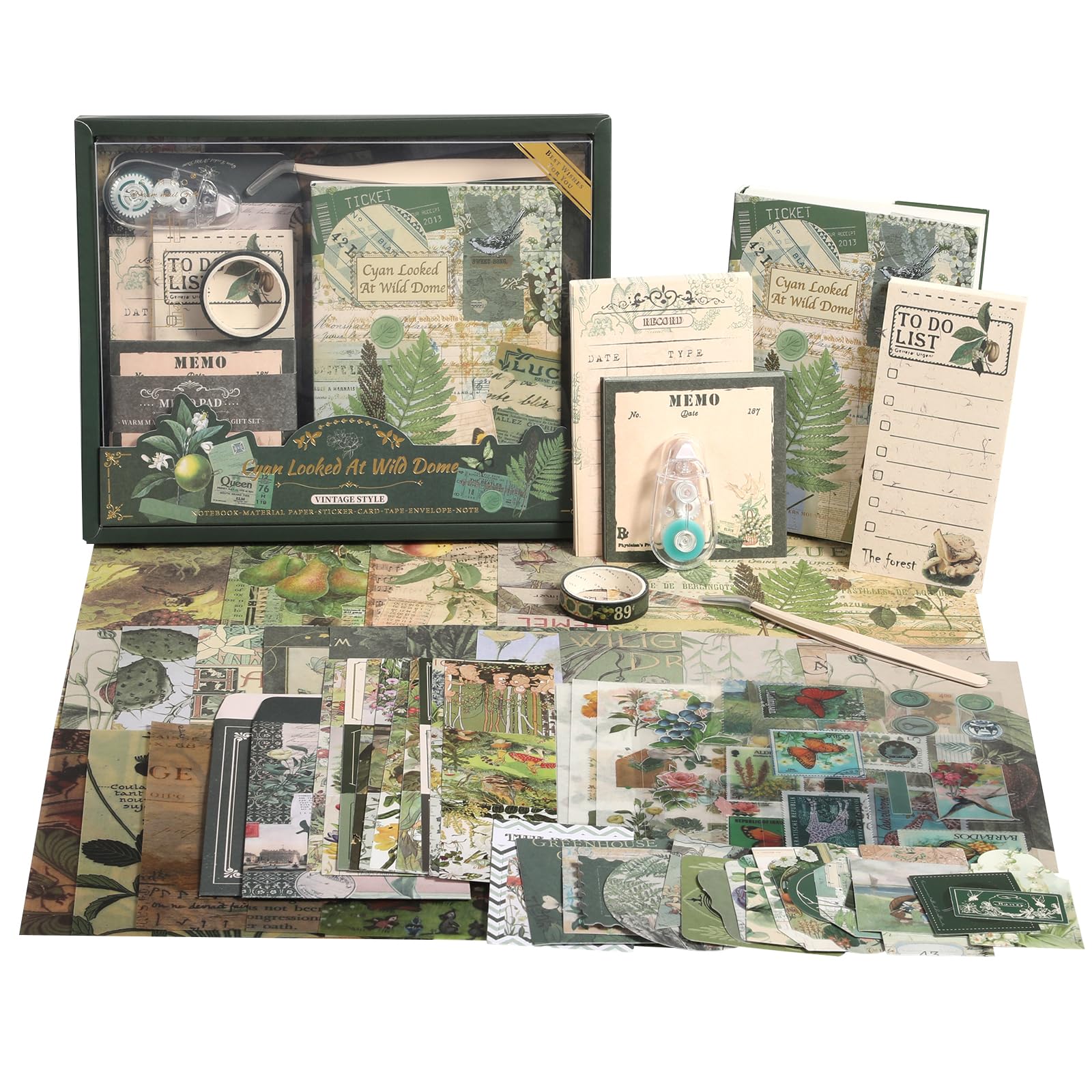Scrapbook Photo Album Supplies Kit with Tweezers and Glue Tape, Green Aesthetic Vintage Junk Journal Scrapbooking Paper, Sticker Pack, Notebook Craft Supplies, DIY Gift for Adult Men Women (Wild Dome)-image-27