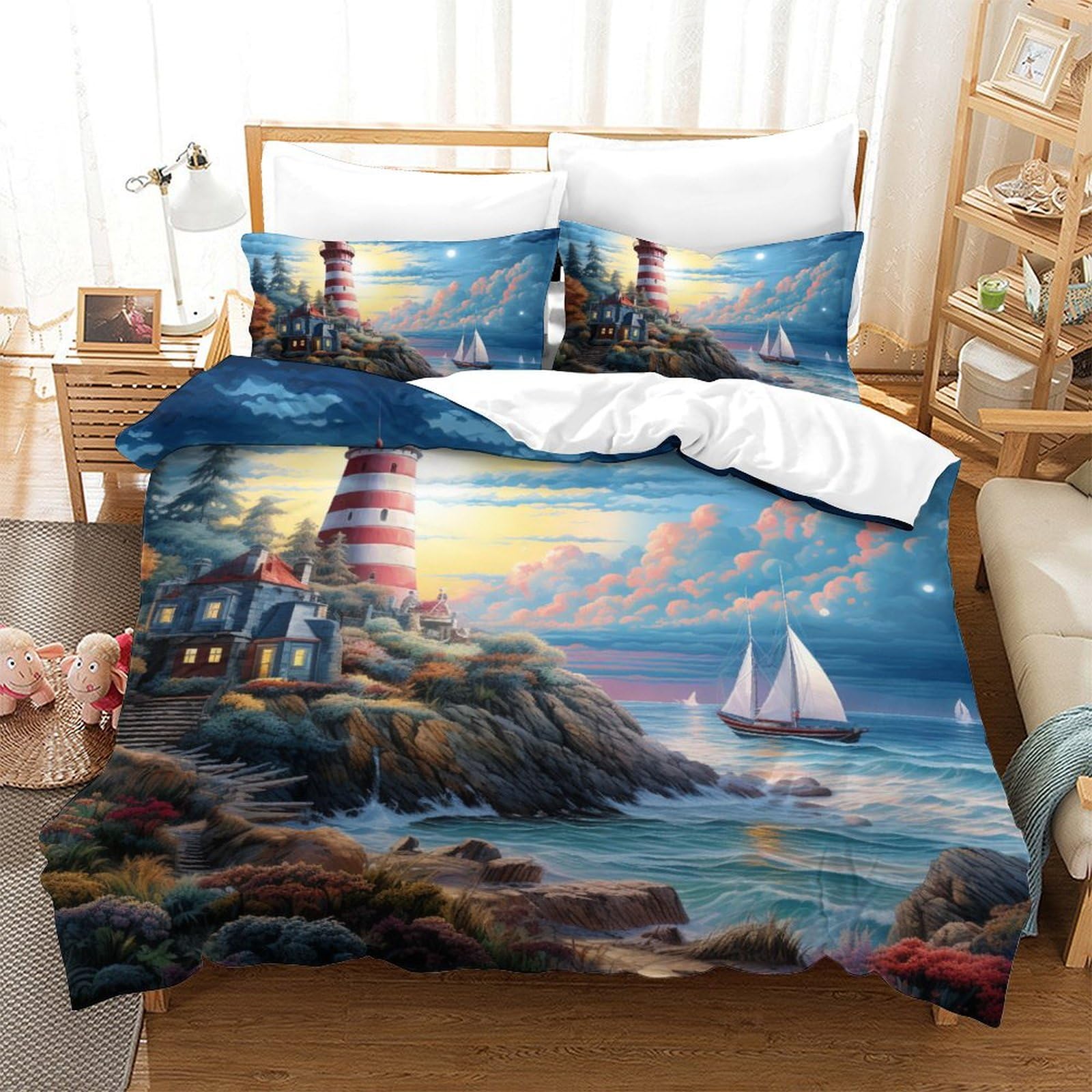 Parure de lit infroissable 200x200 cm housse de couette microfibre Le Phare