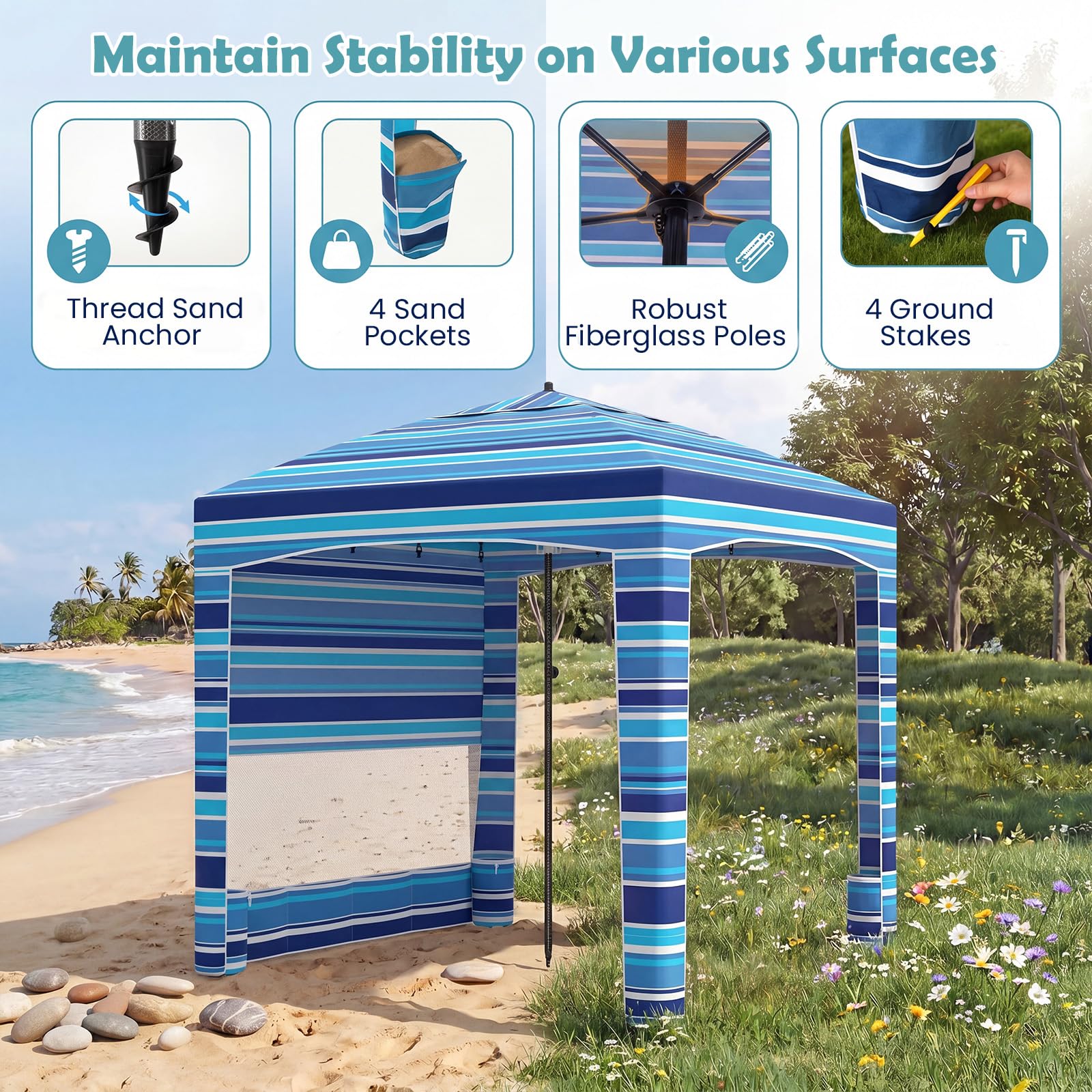 SOARS Tenda da Spiaggia Portatile con Parete Rimovibile 185x185 cm | Tenda da Mare Regolabile in Altezza, Parasole con Tasche Portaoggetti e Borsa da Trasporto, per Campeggio e Picnic