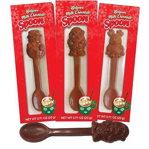 Albert's Cucharas de chocolate con leche belga para revolver, varios personajes navideños, rellenos de calcetines de Navidad para niños, paquete de 3