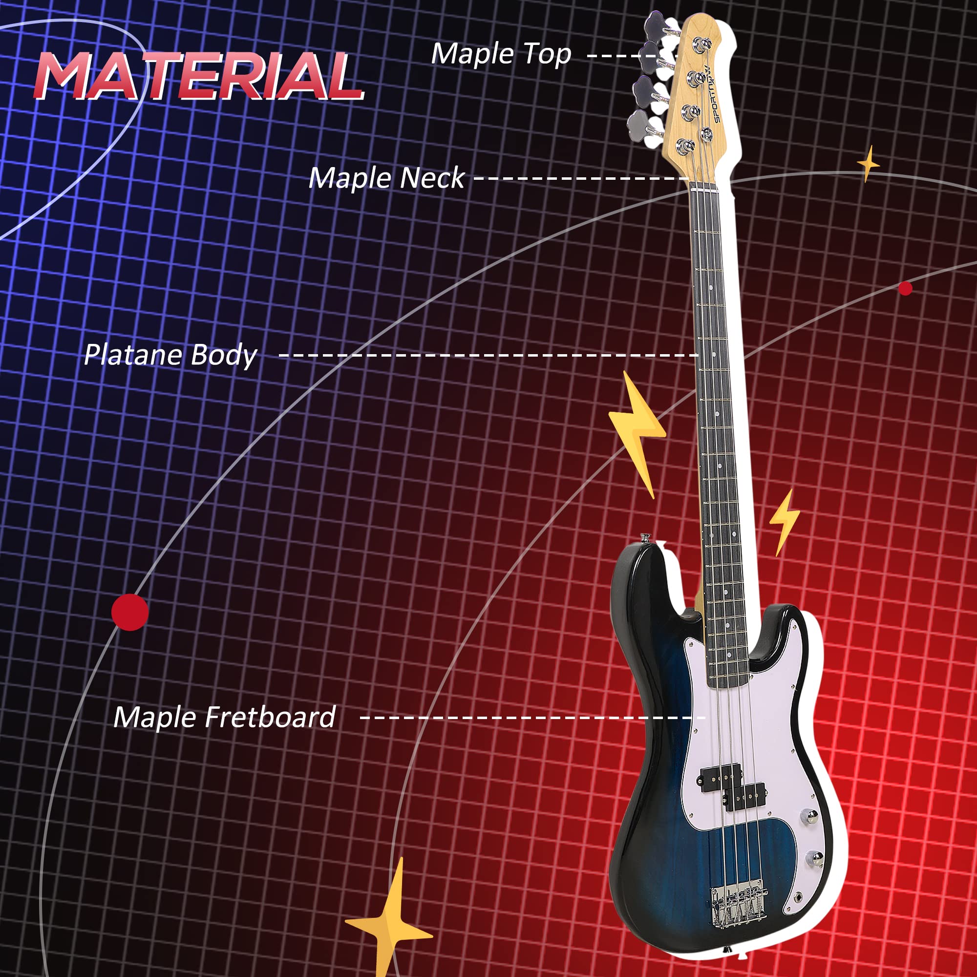SPORTNOW Guitarra Bajo Eléctrico de 4 Cuerdas con Amplificador de 15W, Bolsa, Correa y Púas, Azul Oscuro | Bandolera, Púas