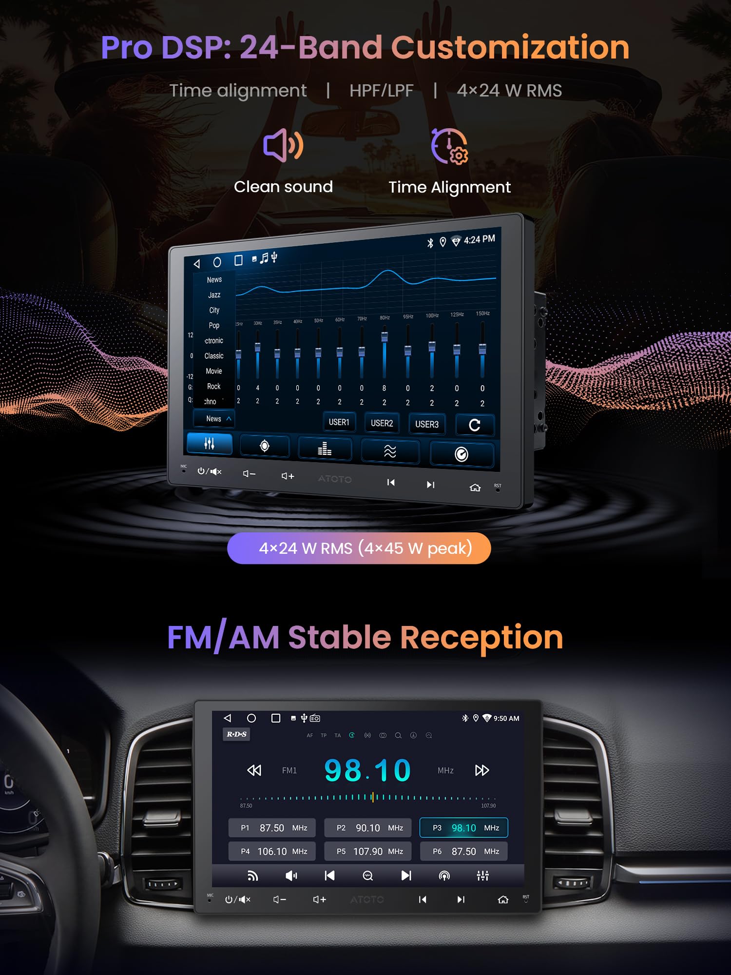 ATOTOZONE 9 pollici Android Autoradio 2 Din Android Auto CarPlay Wireless, Wi-Fi, Connessione Bluetooth IoT, Localizzazione GPS, Assistente AI  Geolocalizzato, BGSleep, EQ/DSP/RDS, Aggiornamento OTA