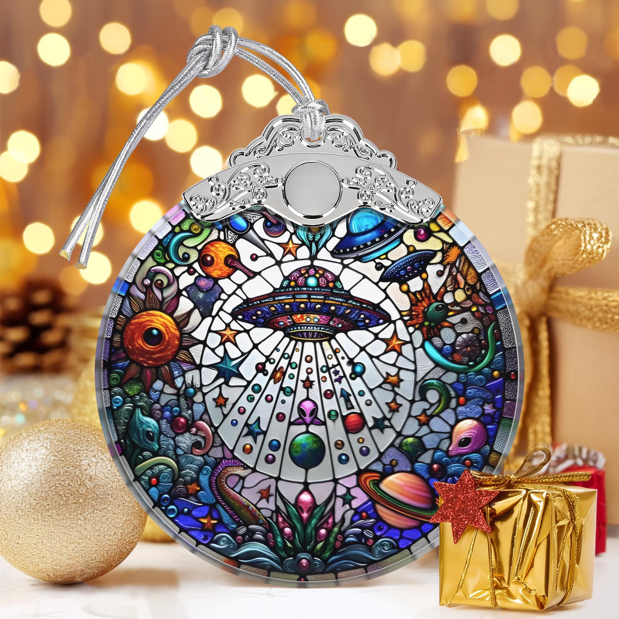 Amazon.co.jp: UFOエイリアンステンドグラスオーナメント、クリスマス