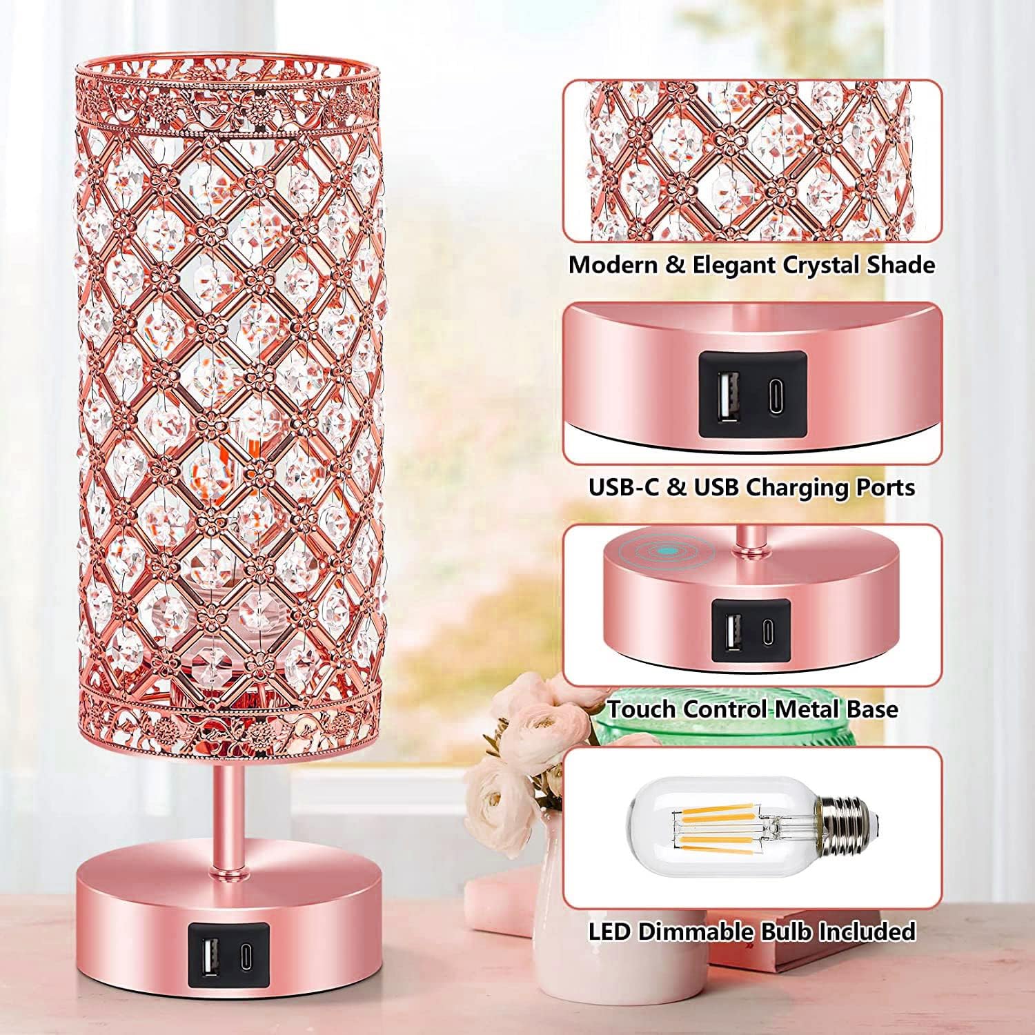 Crystal Table Lamp, Rose Gold Desk Lamp Pink Bedroom Decor Touch Control Bedside Nightstand Girly Bling Lamps with 2 USB Ports Bulb Included for Home, Office, Living Room
