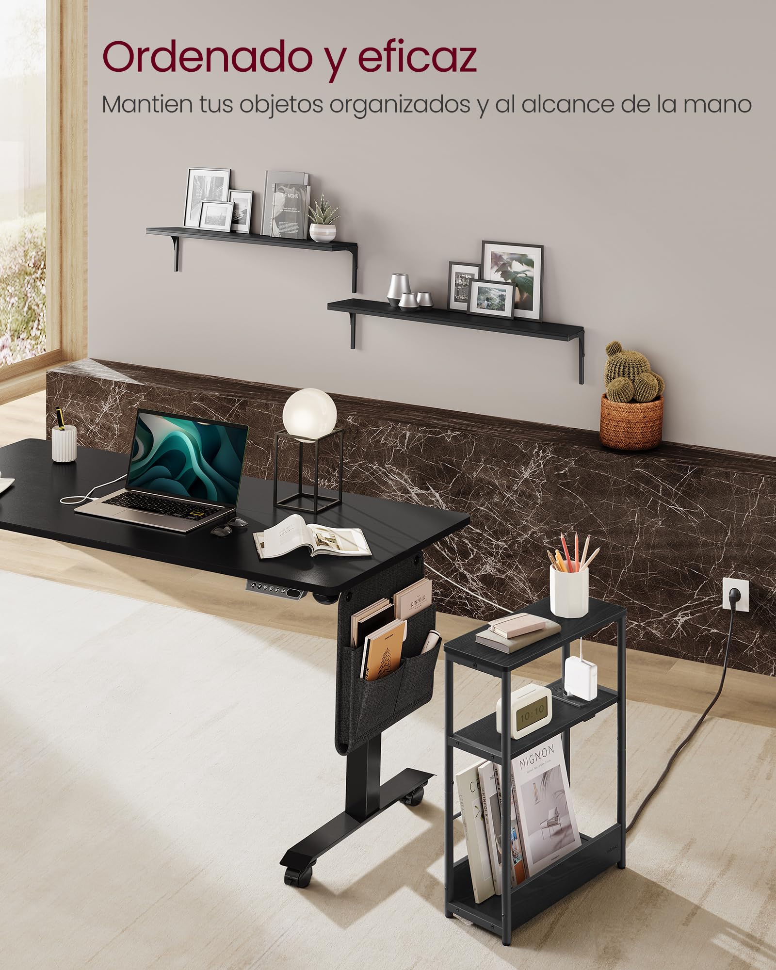 VASAGLE Mesa Auxiliar con Multienchufe, Mesita Estrecha con 3 Estantes, para Espacios Pequeños con Revistero, para Salón, Dormitorio, Estudio, Negro Ébano y Negro Tinta LET335B02