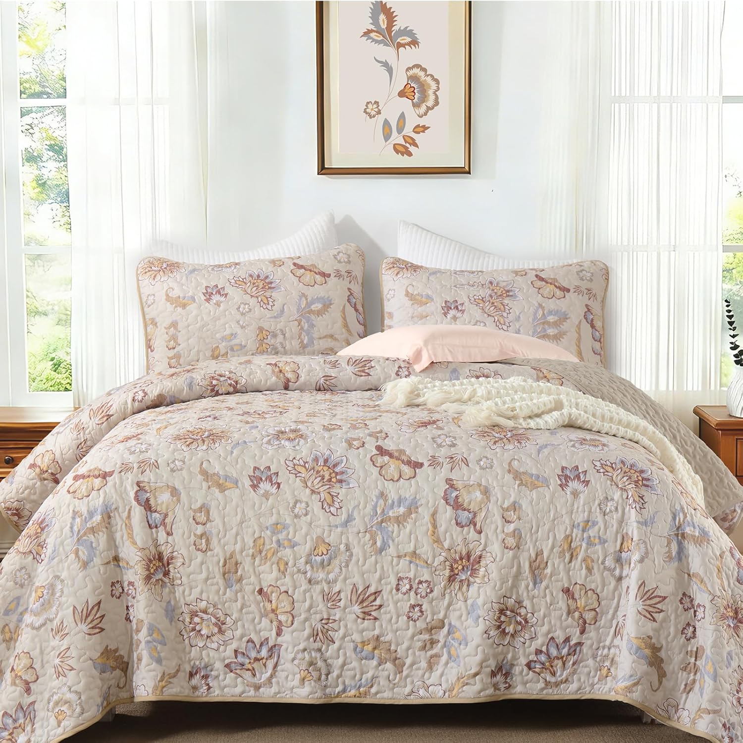 Cottolester Quilt Set Queen,Cute Floral Bedspread Coverlet Set,3 Pieces Beige Flower Quilts Bed Cover,Lightweight Farmhouse Quilts Spring Bedding Set for All Season 96"x90"