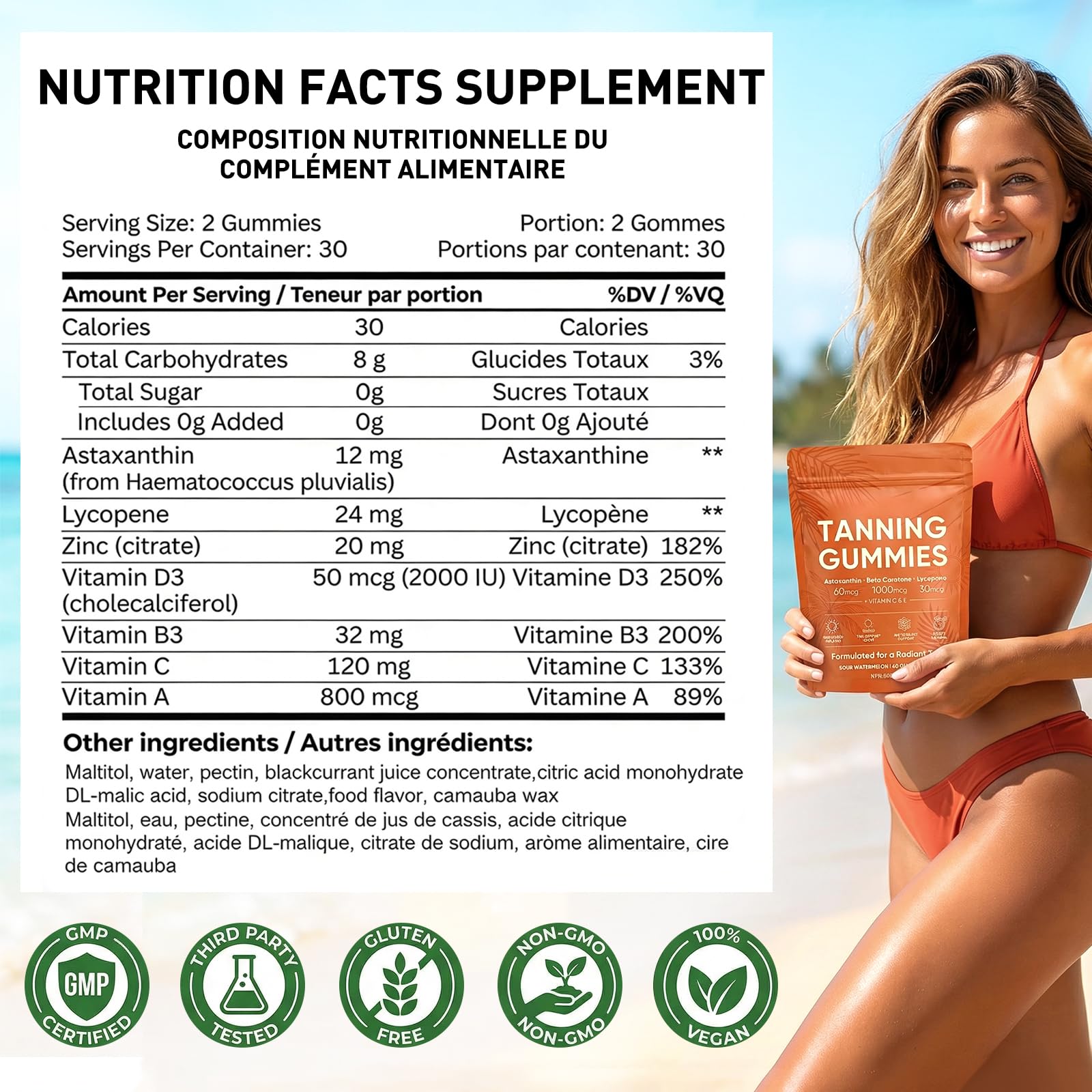 Tanning Gummies for Natural Glow – Skin Radiance Tanning Gummies with Vitamin C, E, Astaxanthin & Beta Carotene, Supports Melanin Production, Vegan, Sugar Free, 60 Count (1 PCS) — view 5