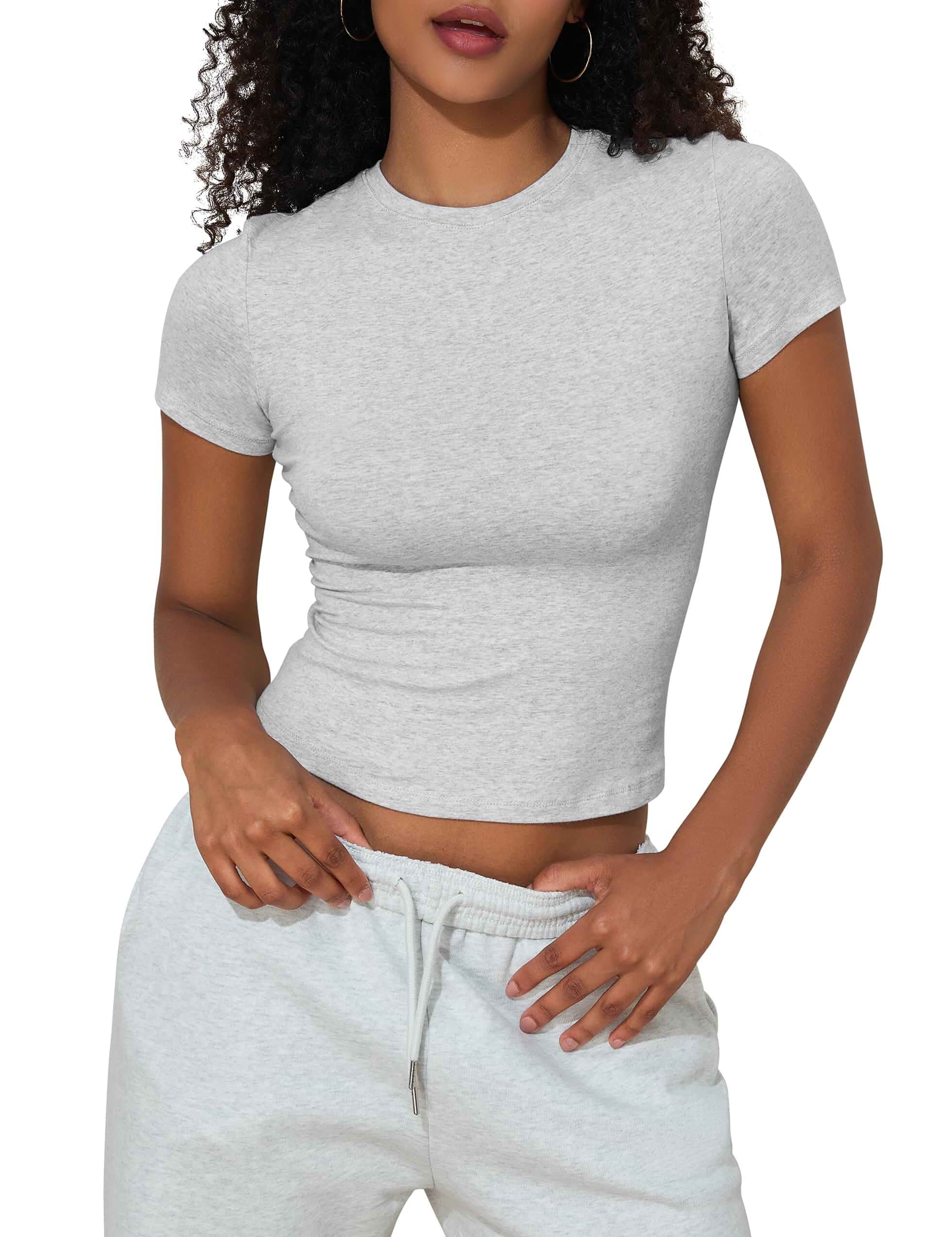 Hilor Womens Cotton Short Sleeve T-Shirt Crew Neck Baby Tee Y2K Crop Tops Back to School Outfits for Teen Girls,Casual Basic T,Trendy Summer Going Out Tops,Tight Fitted Tees,Fashion Clothing
