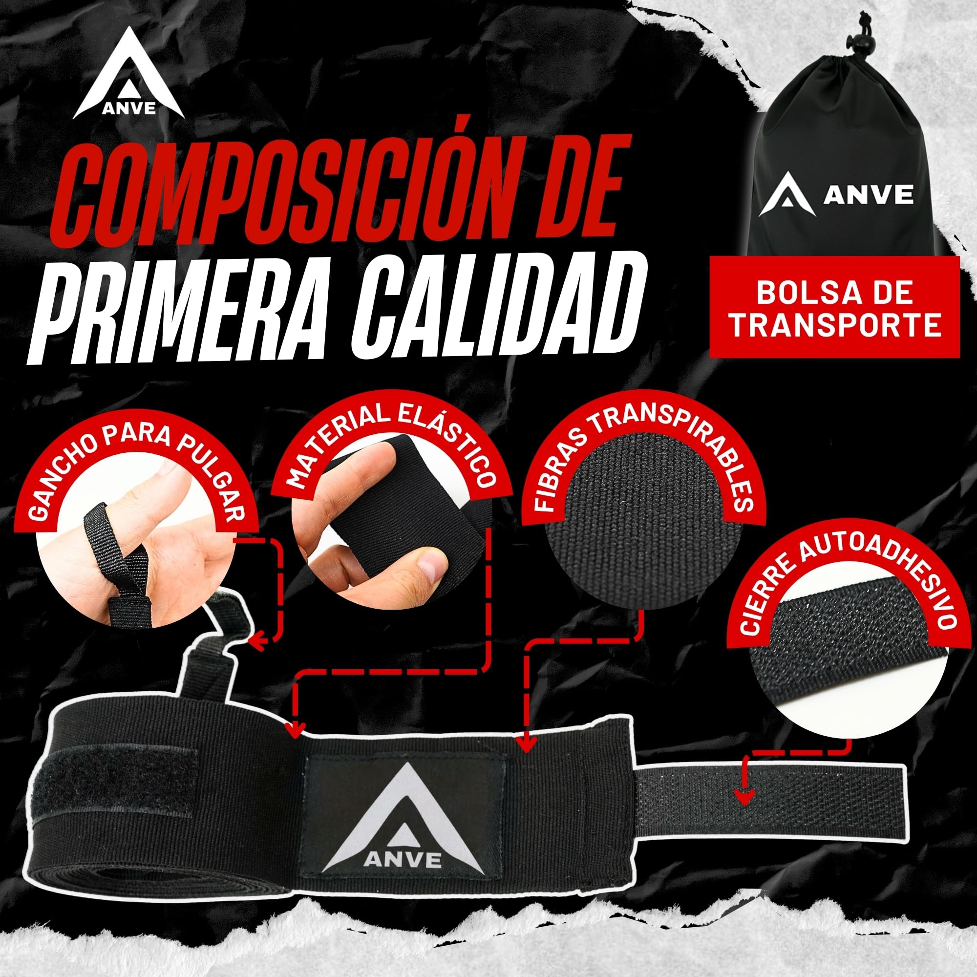 ANVE®️ Vendas Boxeo 100% Poliester + Bolsa de Almacenamiento | Vendas de Boxeo de 3 Metros para Boxeo, Muay Thai, Kick Boxing. etc. - 4