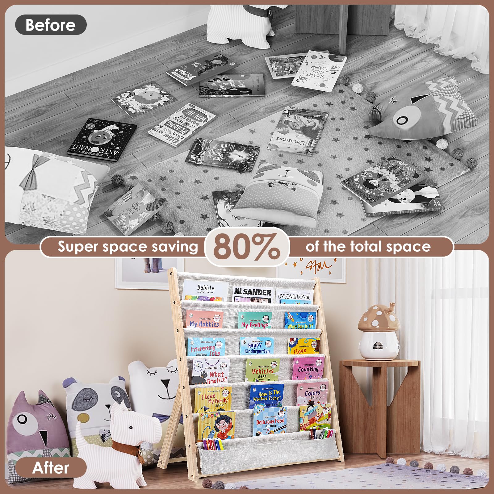 Bibliothèque pour enfants, 6 niveaux, étagère à livres, rangement, présentoir, accès facile, organisateur de livres en bois avec poche pour chambre d'enfant et salle de jeux (Beige)