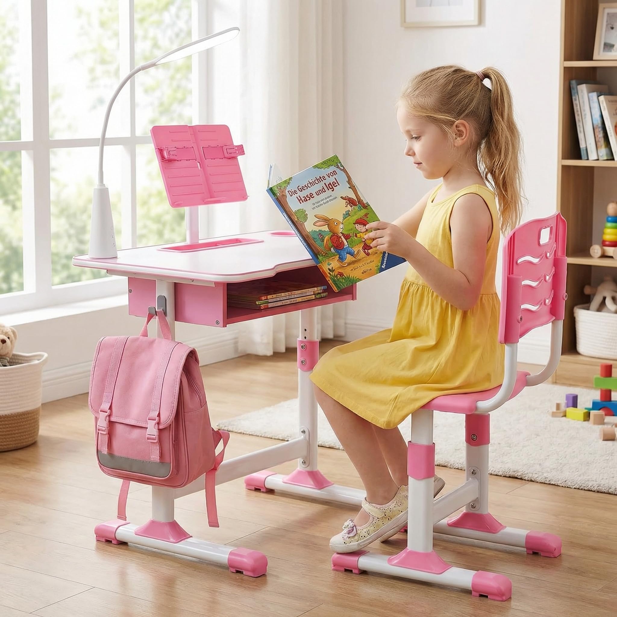 Escritorio para niños, altura regulable, escritorio juvenil, escritorio para estudiantes, mesa de estudiante, soporte para libros, cajón y silla ergonómica de escritorio (rosa)