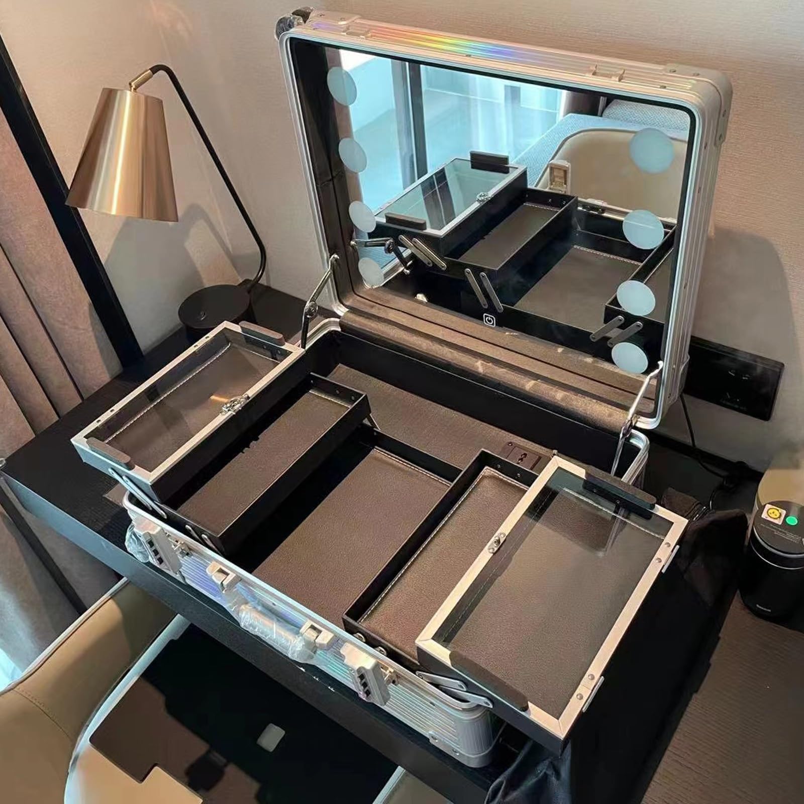 Generico Wózek kosmetyczny z kółkami, bardzo duży aluminiowy wózek ze zintegrowanymi diodami LED, profesjonalny organizer kosmetyków, studio ze stojakiem, podświetlana stacja do makijażu z kółkami,