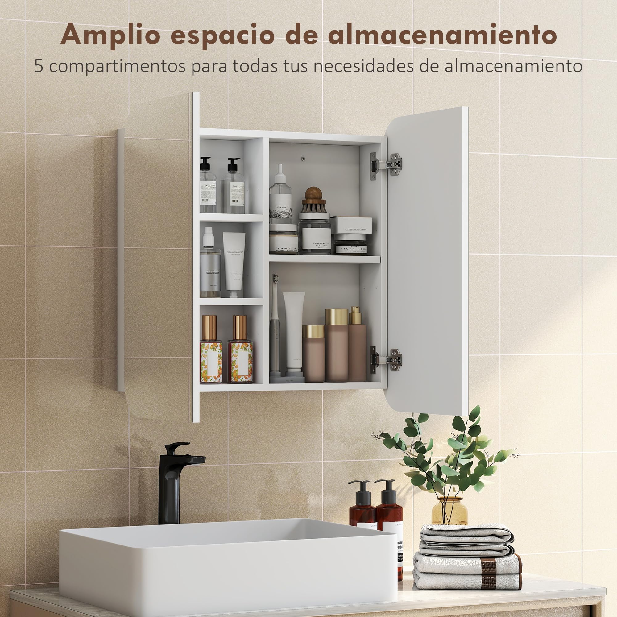HOMCOM Armario de Baño con Espejo, Diseño con Bordes Curvados, Armario de Pared, Mueble de Baño Colgar, 2 Puertas, Estantes Ajustables, 68x13x66 cm, Blanco
