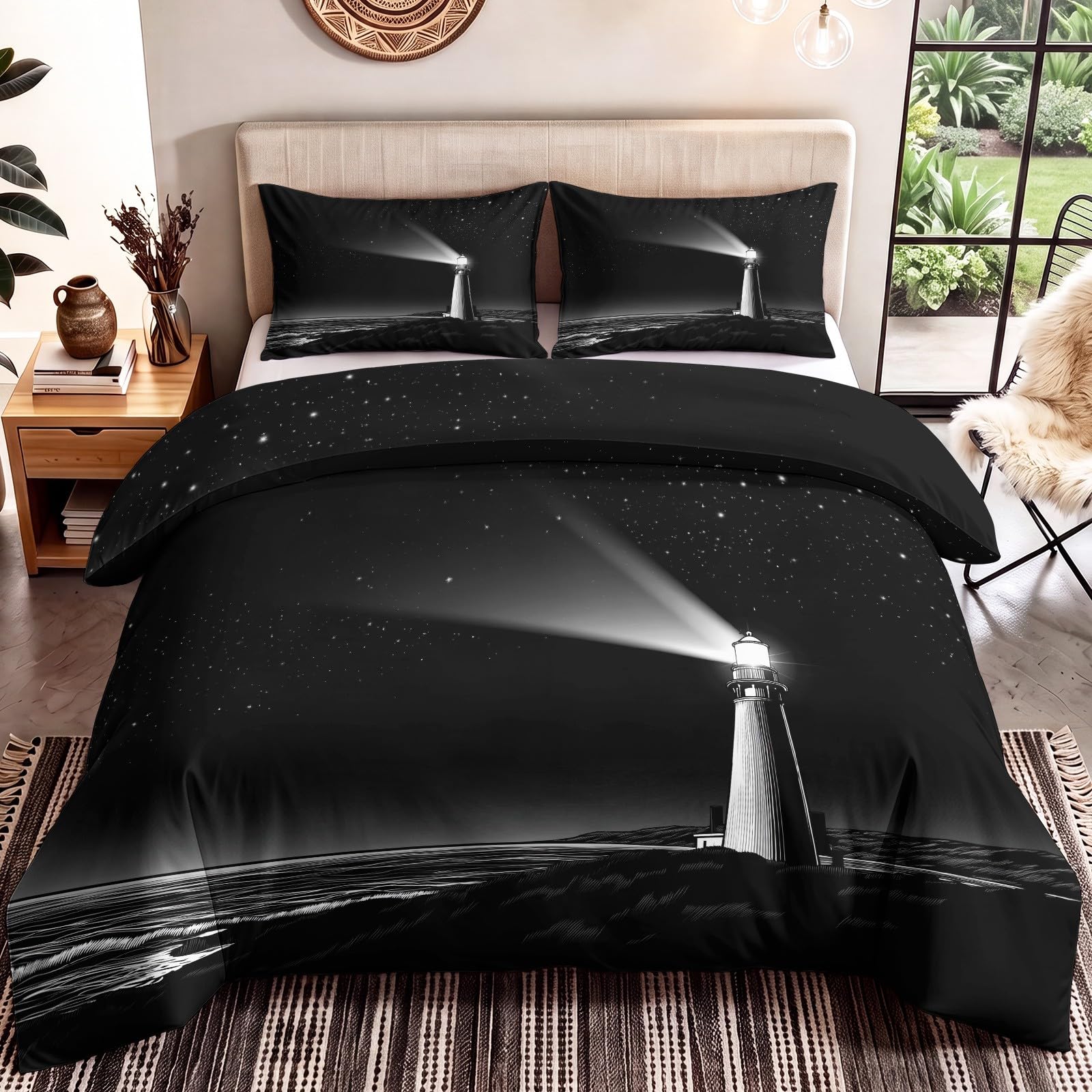 Leuchtturm bei Nacht Komplet pościeli z motywem wybrzeża nieba jasnoszara 135 x 200 cm, cicha, tajemnicza, głęboka, komplet pościeli do pokoju chłopca i sypialni, 2-częściowy komplet pościeli z