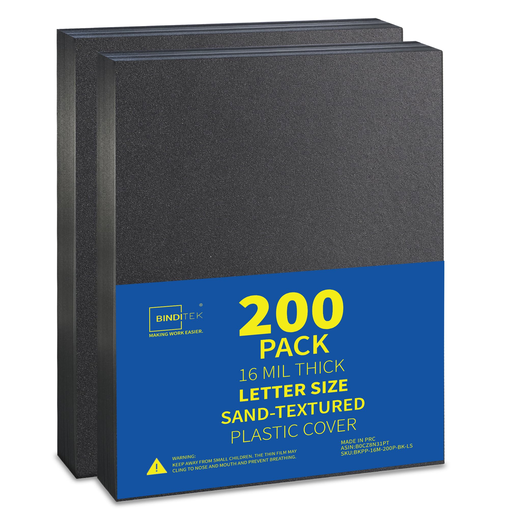 Binditek 16 Mil Sand-Textured Binding Covers, Letter Size, Black, 200 Pack