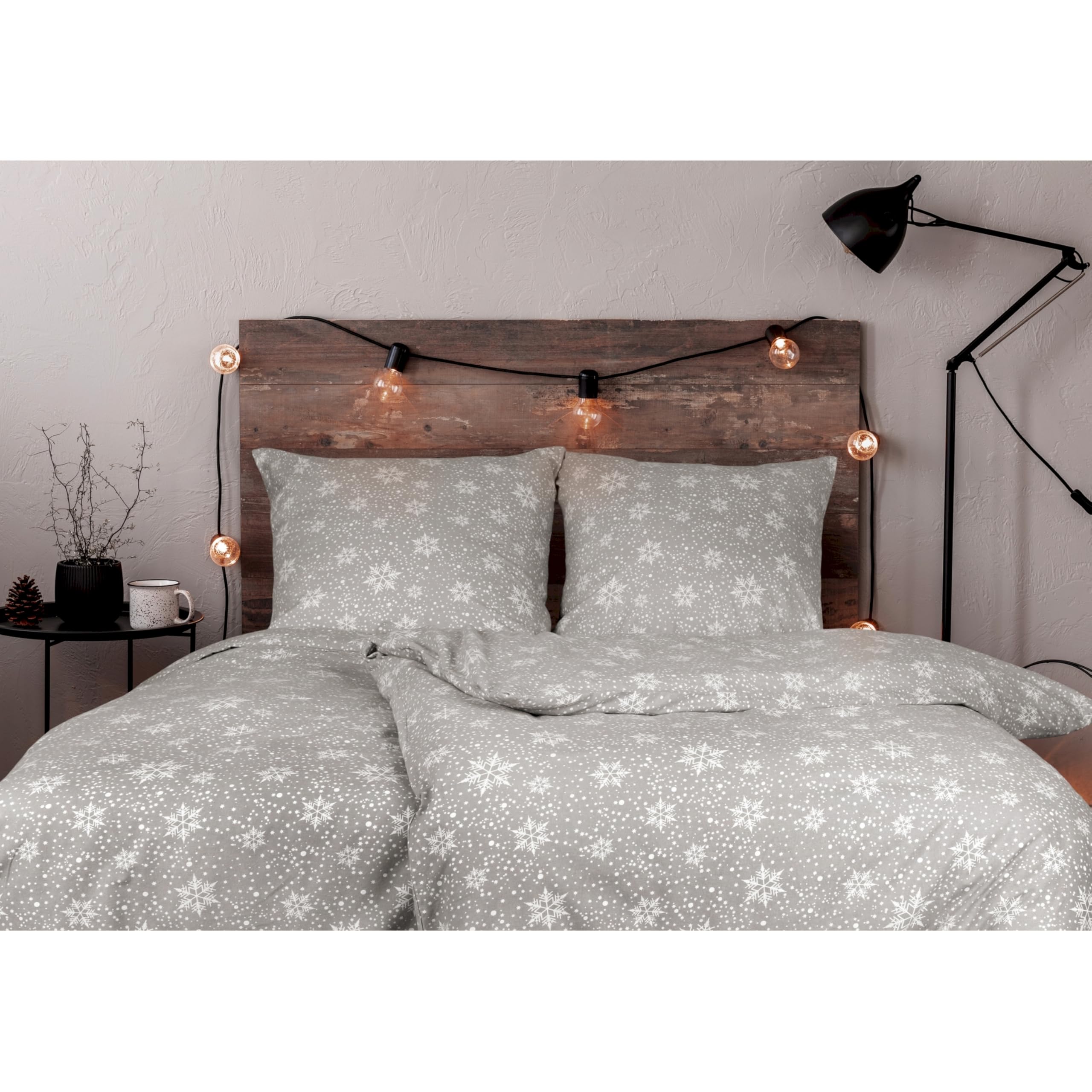 Esprit 2-częściowy komplet pościeli flanelowej 135 x 200 cm, bawełna szara płatki śniegu – przytulny i puszysty – 135 x 200 cm – poszewka na kołdrę i poszewka na poduszkę 80 x 80 cm – zima i Boże
