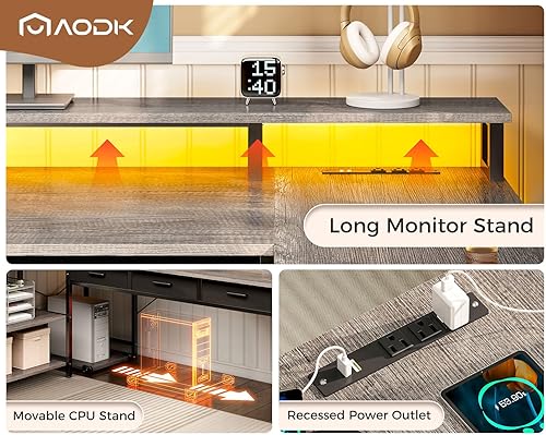 Miniatura 7 de AODK Escritorio en forma de L con 5 cajones de archivos, escritorio reversible en forma de L de 75 pulgadas con toma de corriente y tira LED,