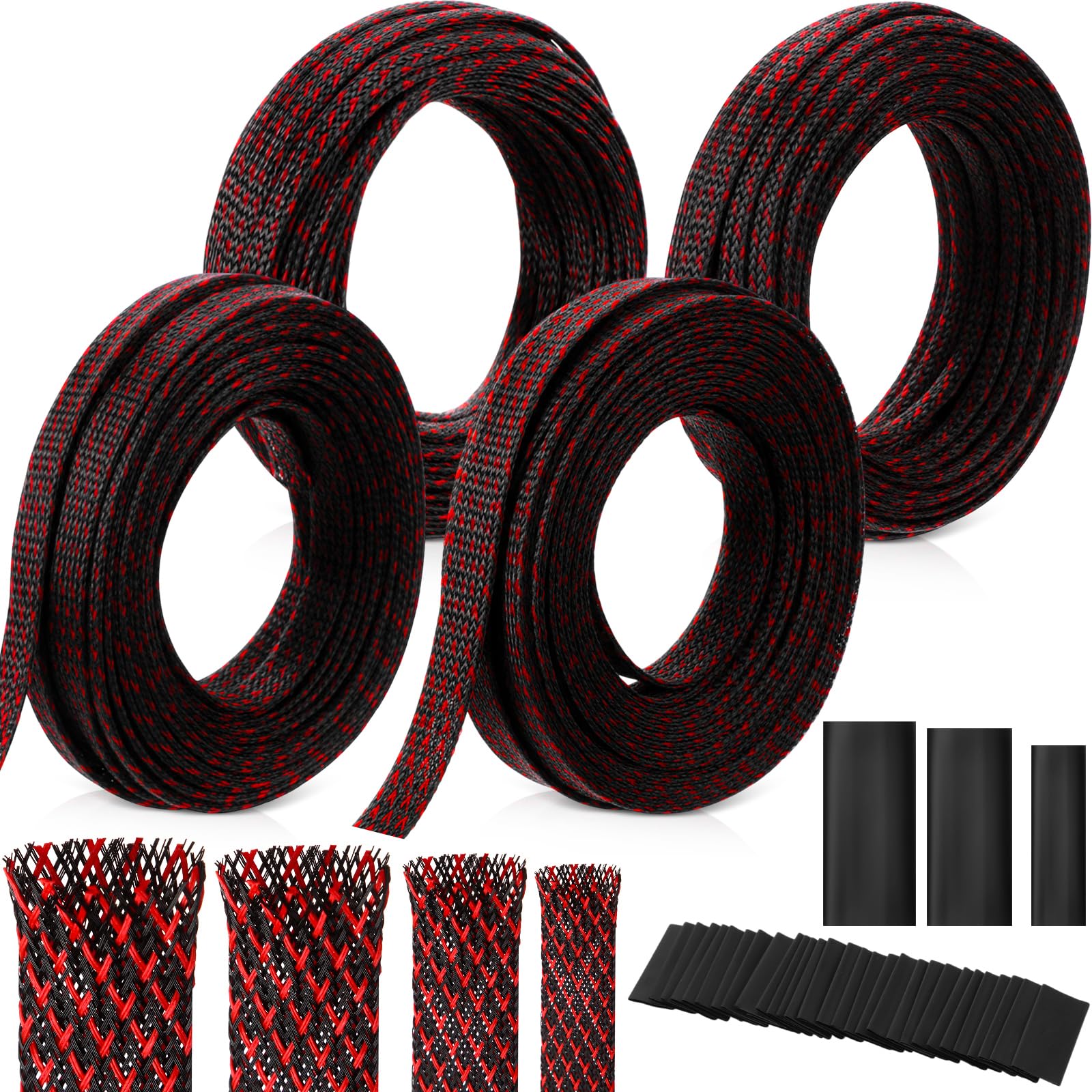 Tatuo Manchon tressé extensible - Plusieurs tailles - Avec 240 gaines thermorétractables - Pour télévision, câbles audio, ordinateurs, vidéos, animaux domestiques - 0,6 cm, 1 cm, 1,3 cm, 1,9 cm (rouge