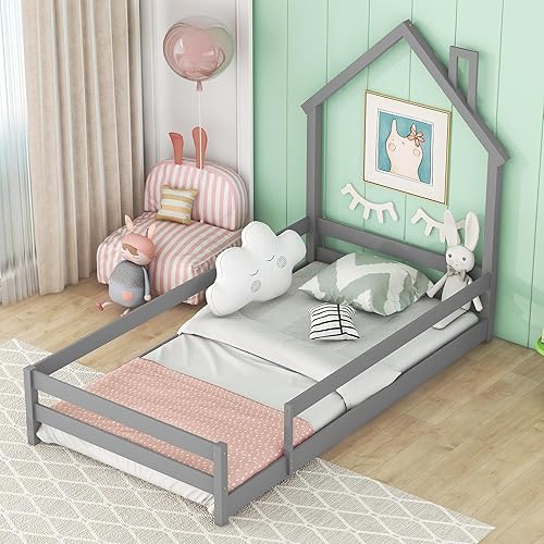 Miniatura 4 de Cama Montessori de tamaño individual con cabecero y valla en forma de casa, marco de cama de madera para niños y niñas, necesita somier, gris