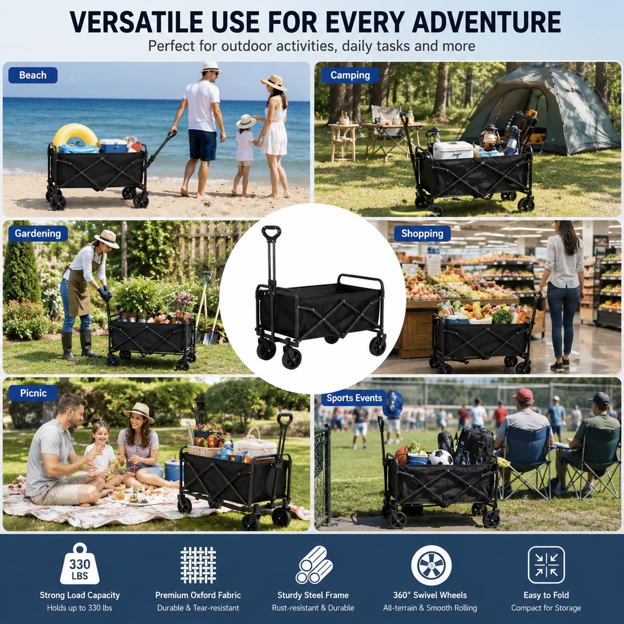 Bollerwagen Faltbar,Kleiner Handwagen Faltbar 70 x 46 x 47 cm Tragkraft 150KG,Bollerwagen mit Verstellbarem Griff für Camping Outdoor Garten Shopping
