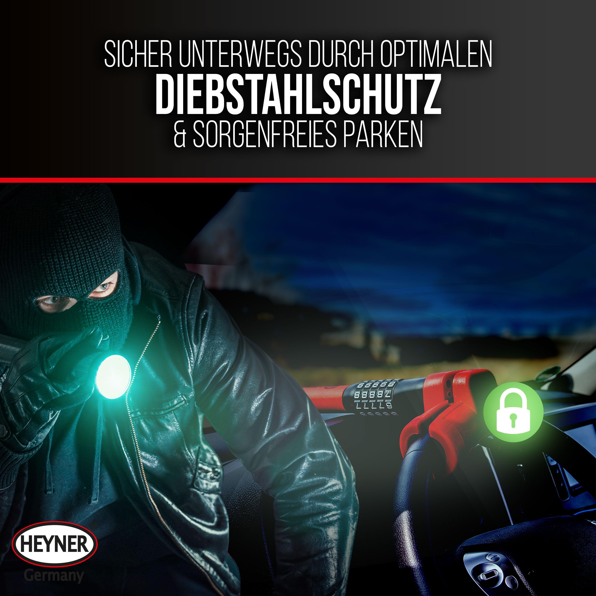 HEYNER Lenkradsperre Auto Diebstahlschutz 5‑stelliges Zahlenschloss verstellbar 35–42 cm rot‑schwarz