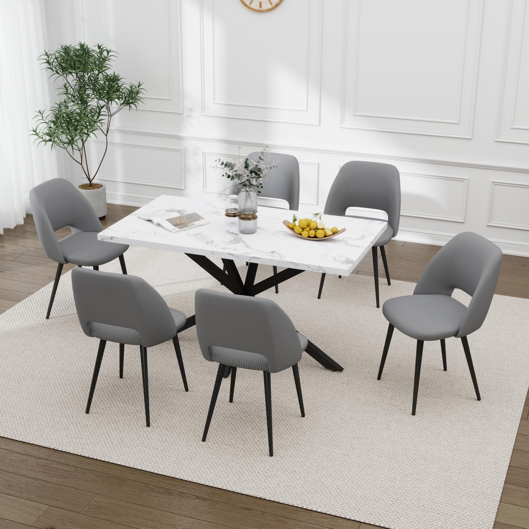 Esstisch und Stuhlset, Rechteckiger Esstisch 140 * 80 * 75 cm, 6 Gepolsterte Küchenstühle, 7 Teiliges Esszimmer und Stuhlset, für Esszimmer, Küche (Marmormuster + Grau)
