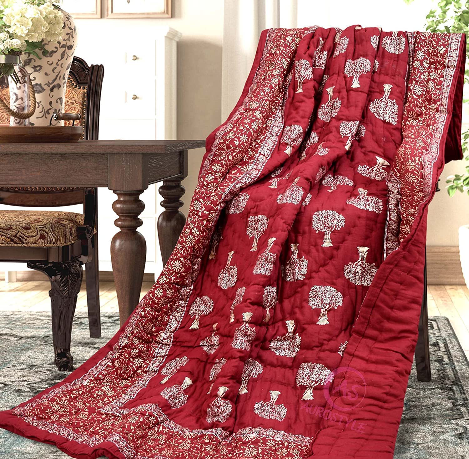 AUROSTYLE 400 TC Pure Cotton Floral Design with Gold Printed Traditional Rajasthani Jaipuri Quilt/Razai/Rajai (Light Weight, Double Bed-90 x 105 Inch) (Design 6)| TC - 400 3