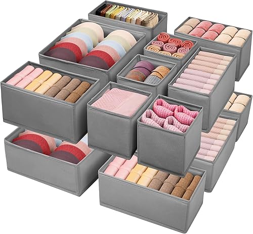 Organizador de ropa con cajones, paquete de 16, separadores de cajones de ropa interior gris de 3 tamaños, organizador de armario plegable de tela,