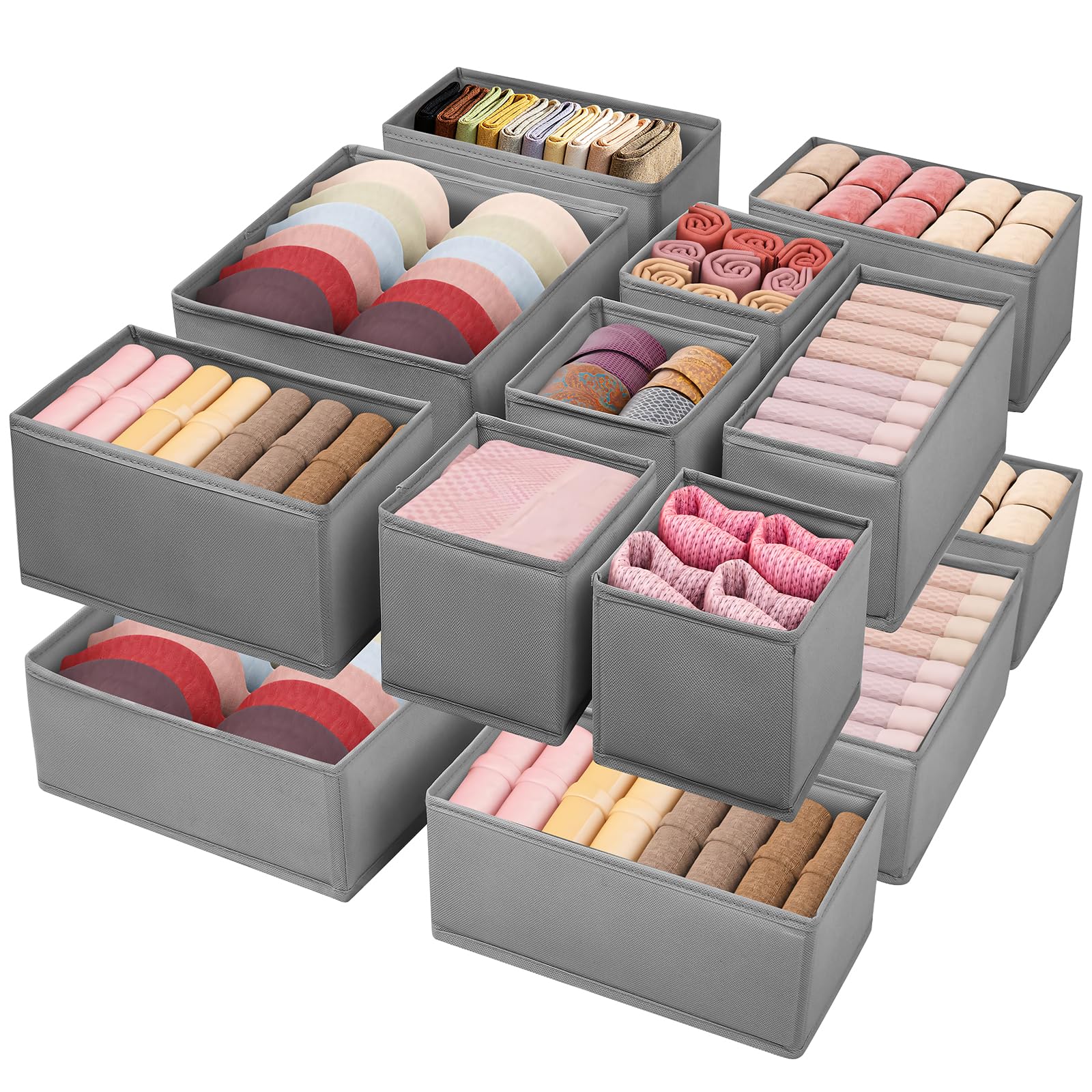 Wrrlors 16-Pack Drawer Organizers - Grey Fabric Bins, 3 Sizes, Keep Underwear, Socks & Accessories Tidy