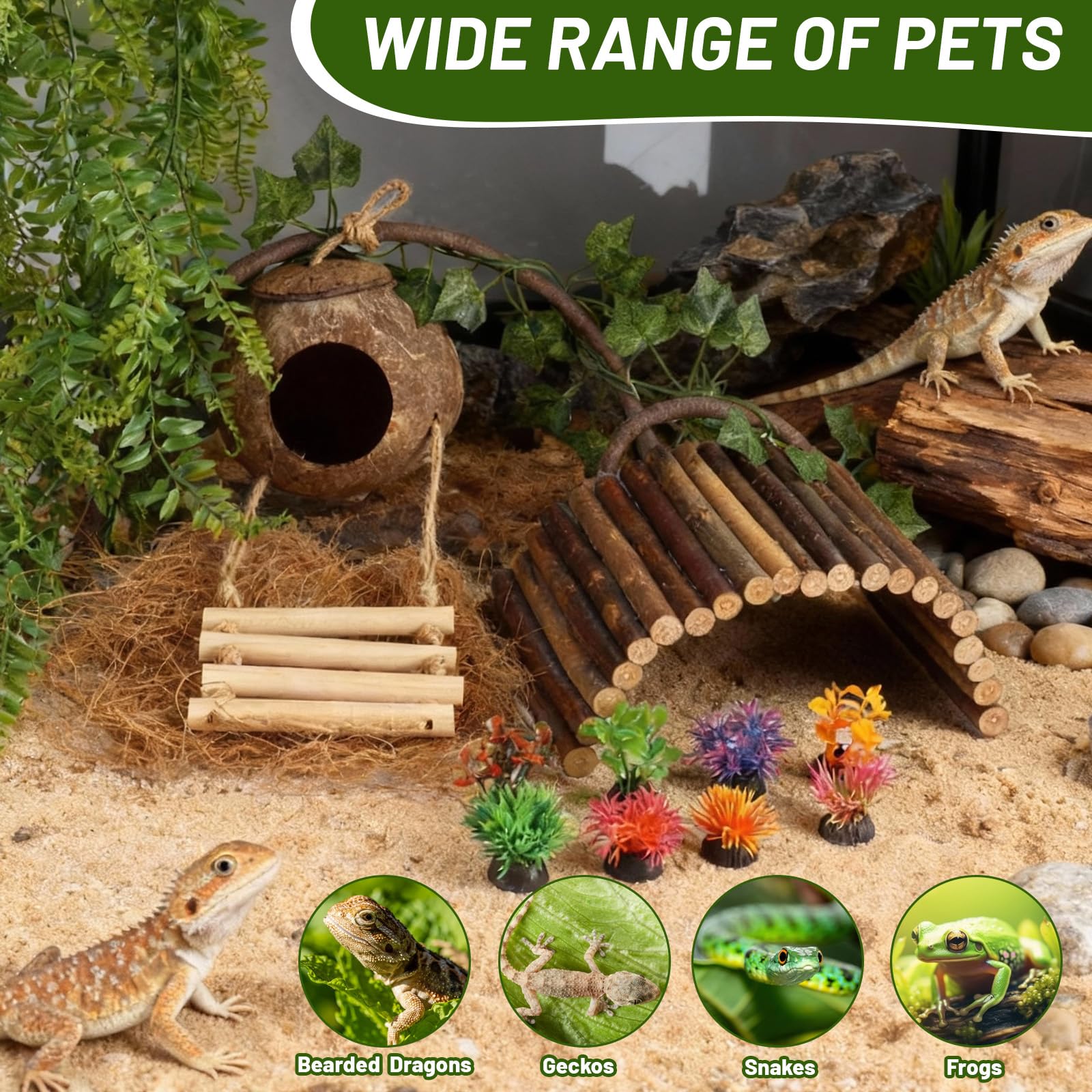 Reptilienpflanzen Brücke Reben Leopard Gecko Kokosnuss Hütte Haube Gecko Tank Zubehör Eidechse Kokoshöhle mit Leiter für Eidechse, Chamäleonkäfig, Schlangen, Einsiedlerkrebse