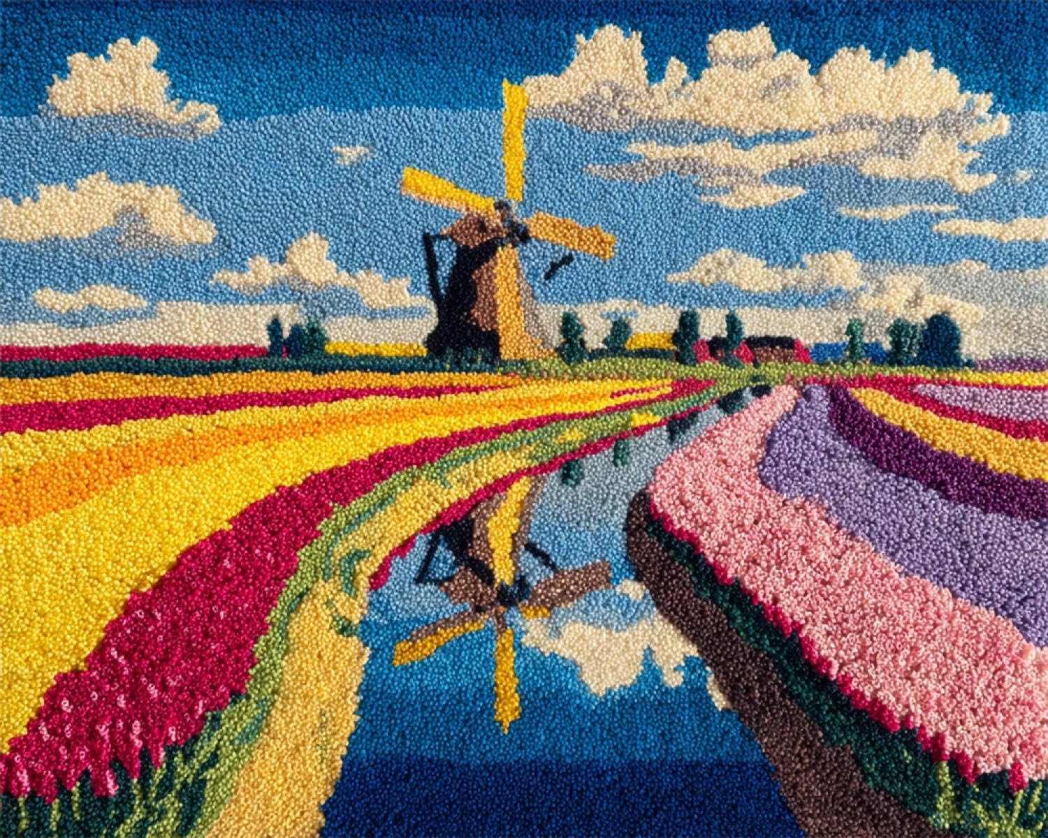 Henypt DIY Latch Hook Rug Kit Flower Field Windmill 52x38cm