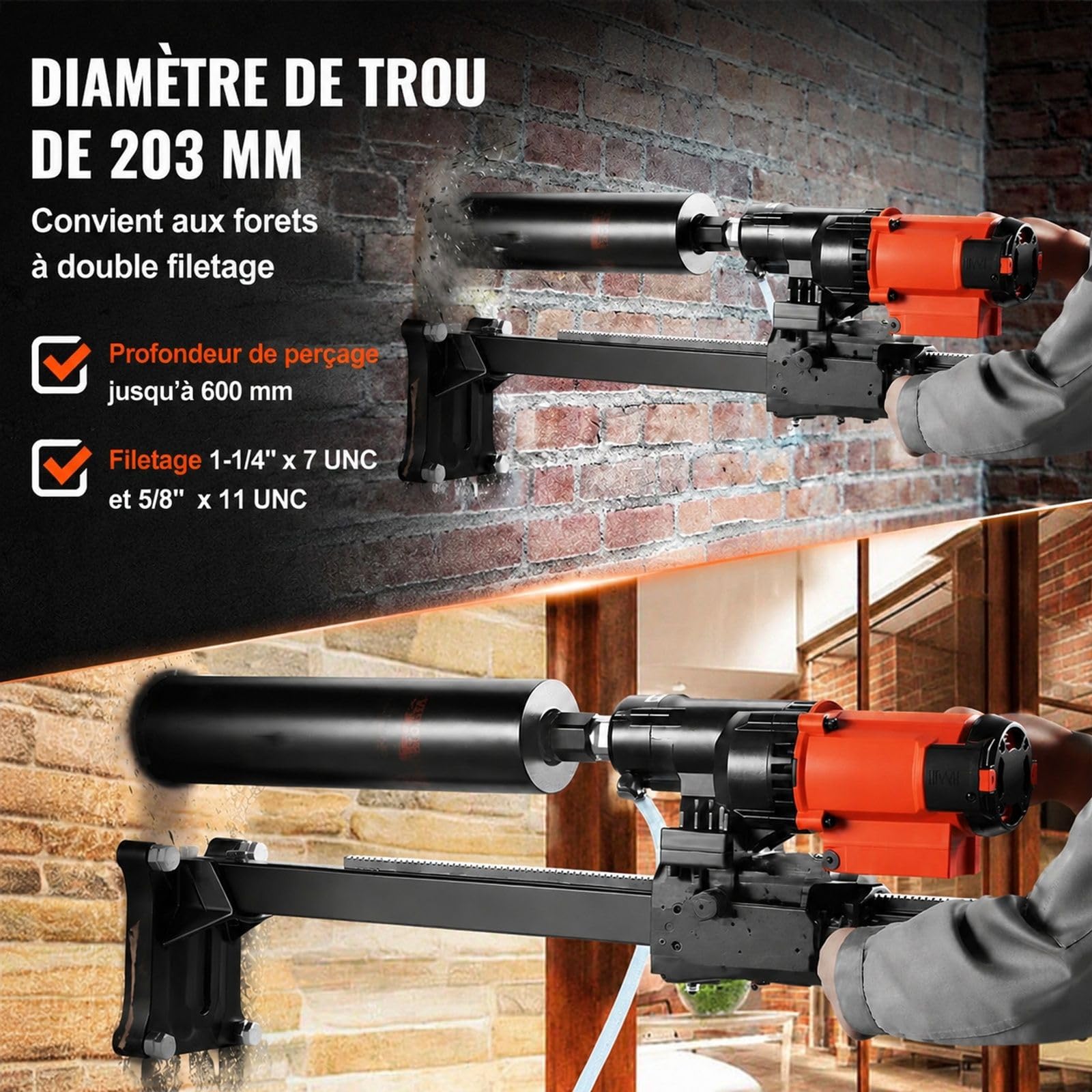 Carotteuse diamant avec support, moteur 2500 W, perçage humide et sec pour béton armé, marbre et travaux de construction