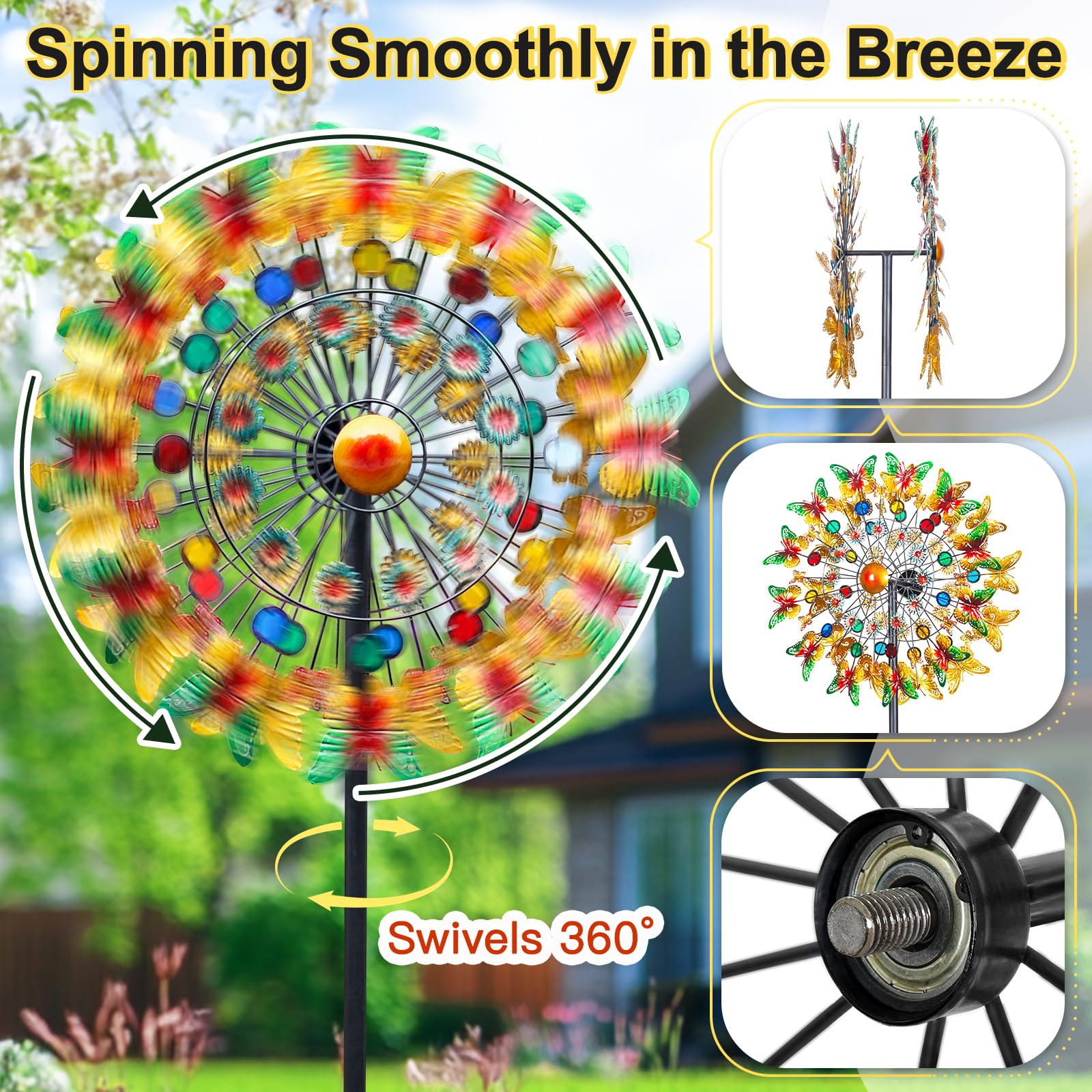 Lariander Schmetterlings-Metall-Windspiel – großes Metall-Windspiel für den Außenbereich, für Hof, Garten, kinetische mehrfarbige Hof-Windskulpturen, Spinner für Rasen, Terrasse, Outdoor
