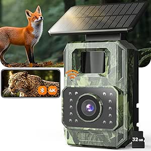 Trail Camera 64MP 4K with Fixed Solar Panel, 6000mAh Game Camera with Night Vision Motion Activated Waterproof IP66 for Wildlife Deer Critter, Outdoor WiFi Trail Cam, 32GB SD Card Included asin的图片