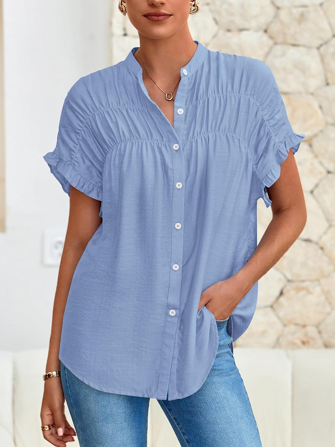 MASCOMODA Womens 2026 Button Down Shirts Ruffle Short Sleeve Loose Summer Tops Dressy Casual V Neck Business Work Blouses - Image 2