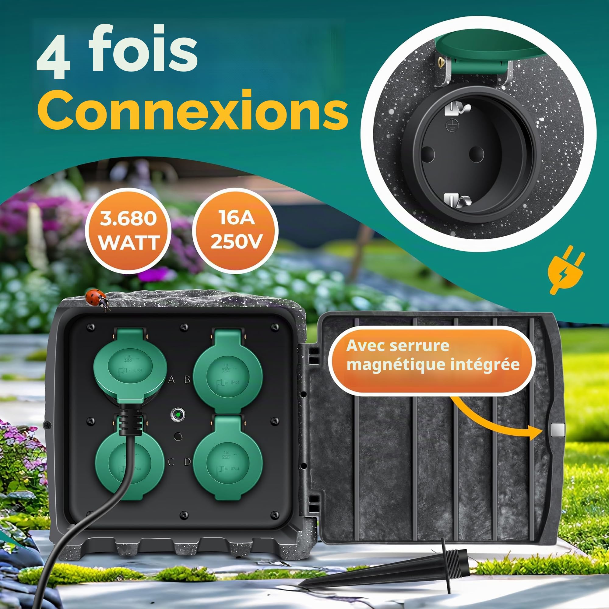 KESSER® Prise de jardin aspect pierre 4 prises - Prise extérieure étanche IP44 - Prise multiple pour extérieur jardin terrasse avec capteur crépusculaire - Câble de 3 m - 3680 W - 16 A + kit de
