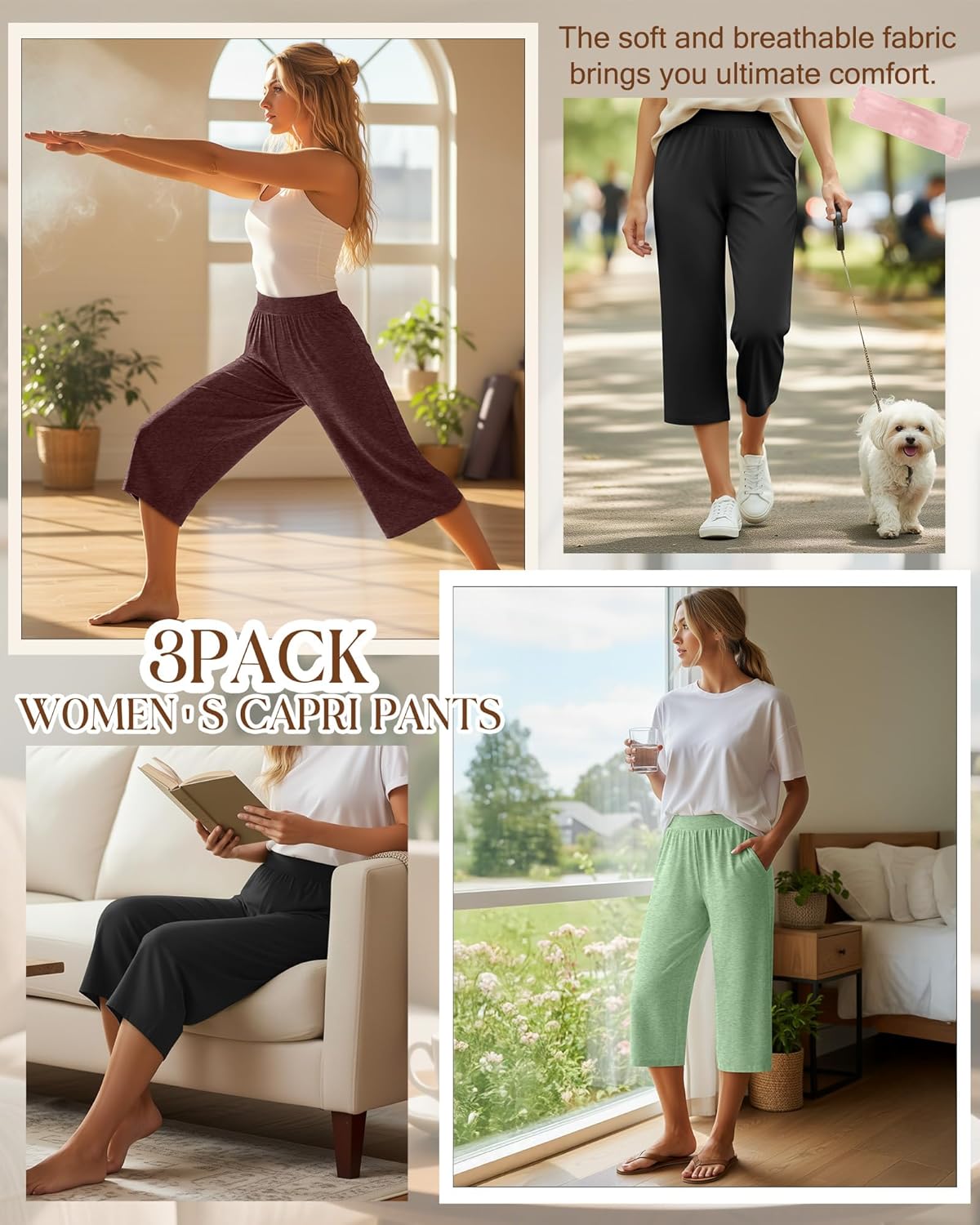 Huukeay 3 Pack Women's Capri Sweatpants, Cozy Wide Legs Cropped Capri with Pockets, Lounge Jogger Pants Workout Yoga Solid - Image 2