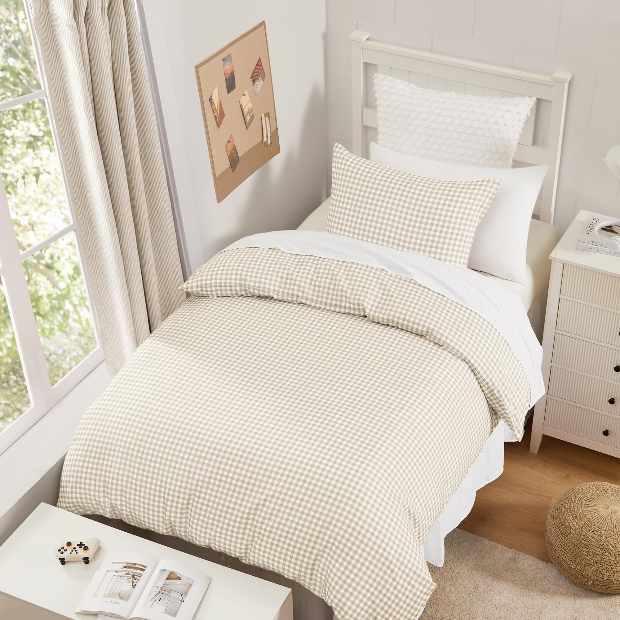 Andency Cream Gingham Duvet Cover Twin, Beige Checkered Plaid Bedding Set
