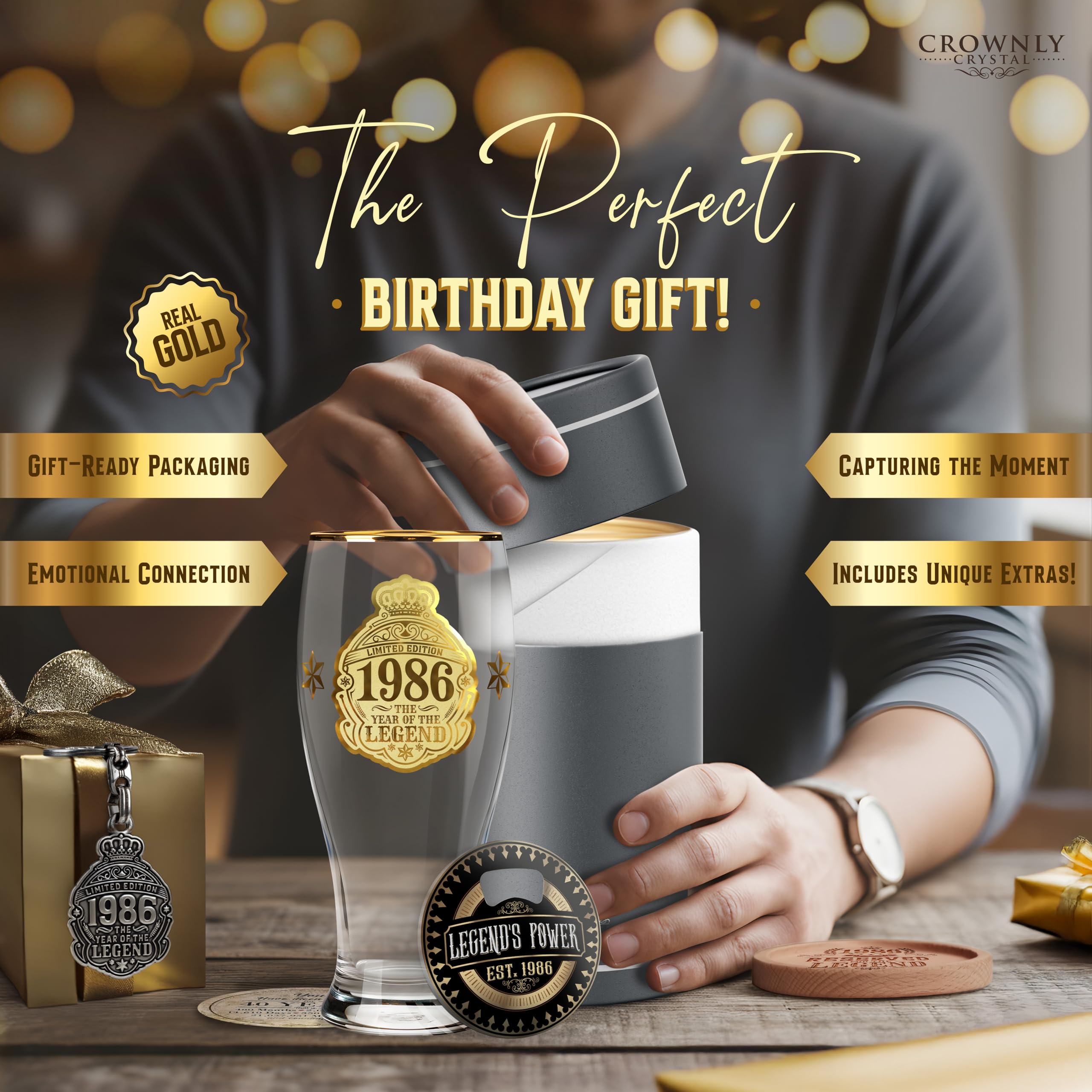 CROWNLY CRYSTAL® 1986 Regalo 40 Anni Uomo Bicchiere Birra 570 ml Personalizzato Compleanno Regali Personalizzati Idee Fidanzato Amica Per Lui