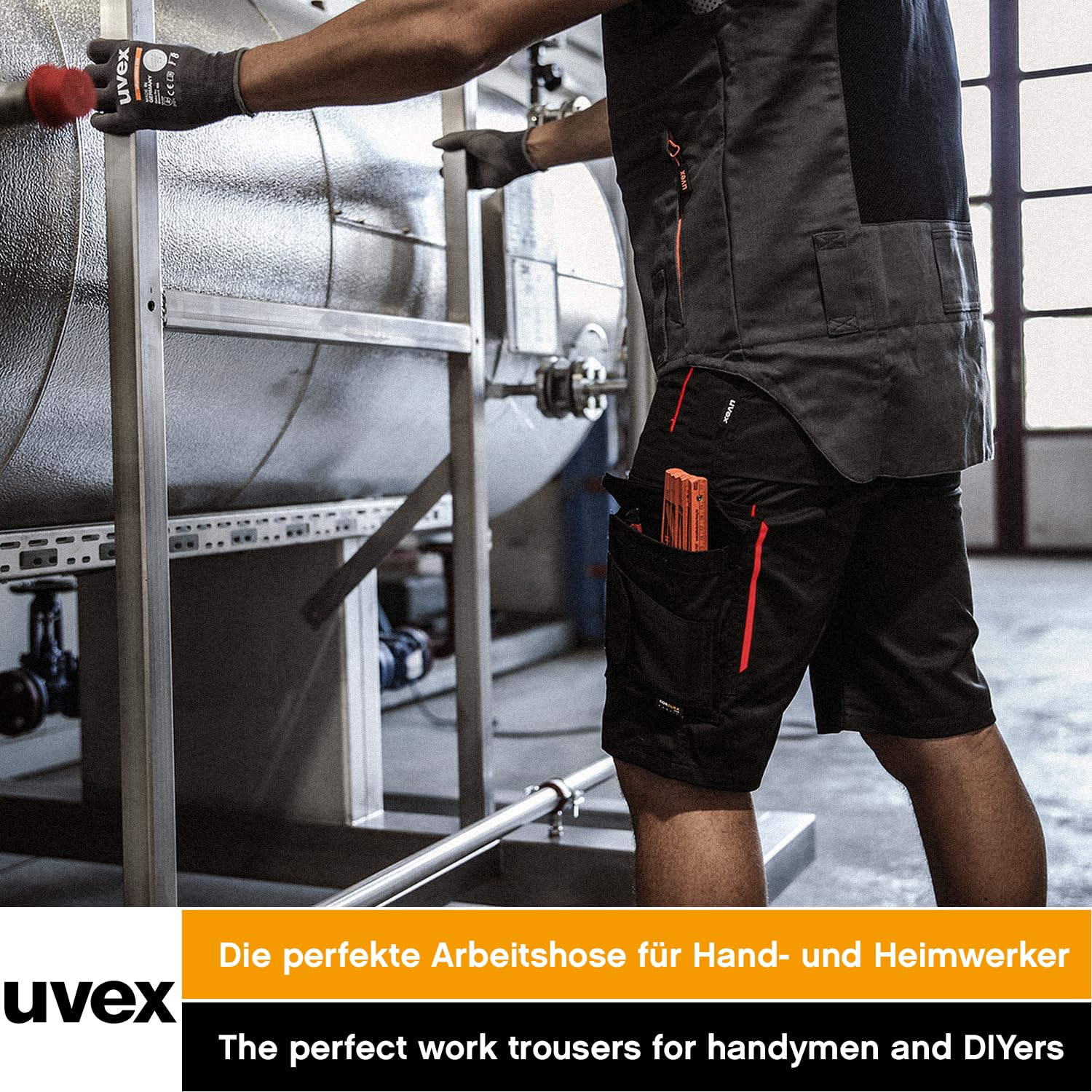 Męskie spodnie robocze uvex tune-up krótkie - Męskie spodnie cargo do pracy - Szorty z wieloma kieszeniami i 35% bawełny - Czarno-czerwone - 42