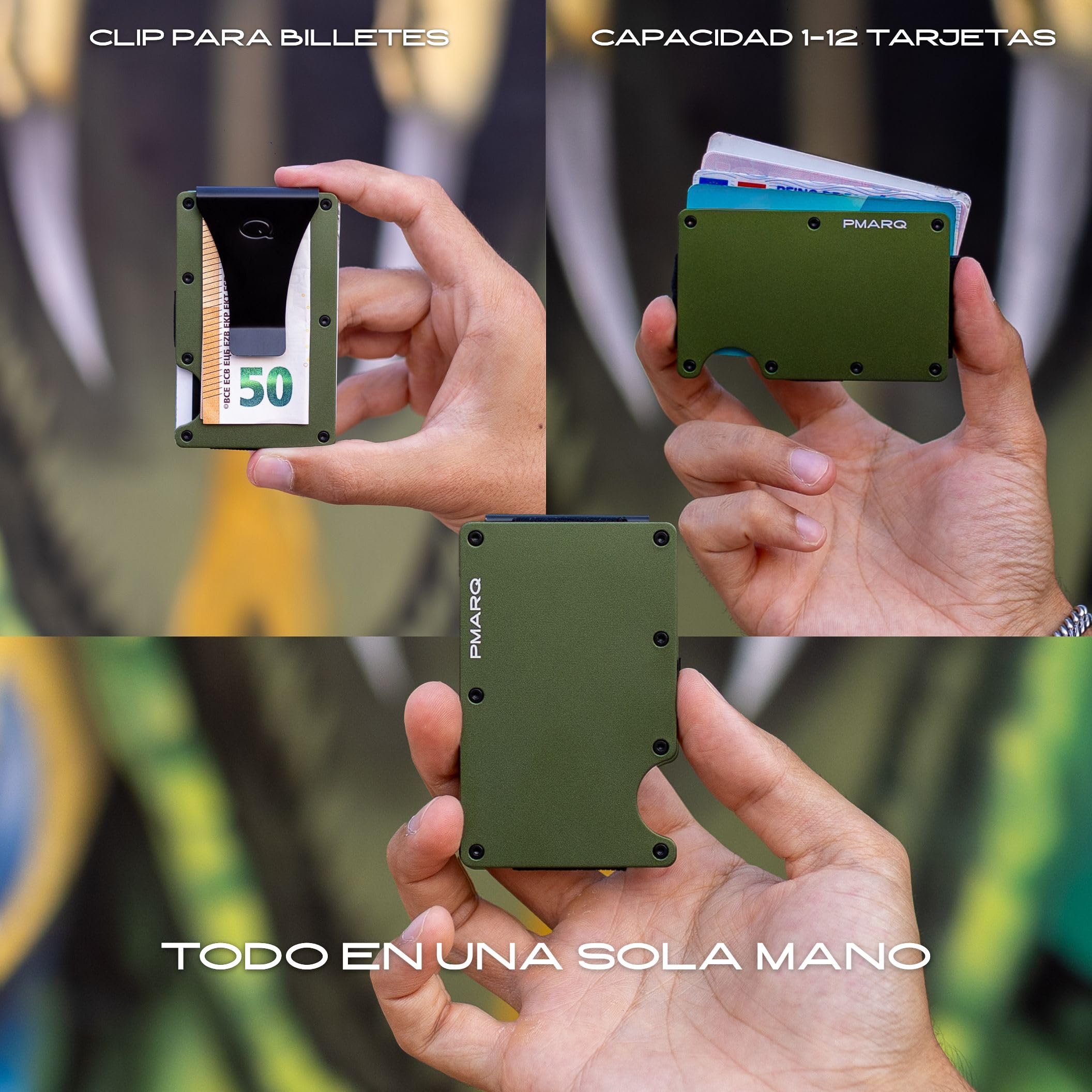 Tarjetero Hombre con Bloqueo RFID para Tarjetas de Crédito - Cartera para Hombre Minimalista Metalica con Pinza para Billetes (Verde Oliva)