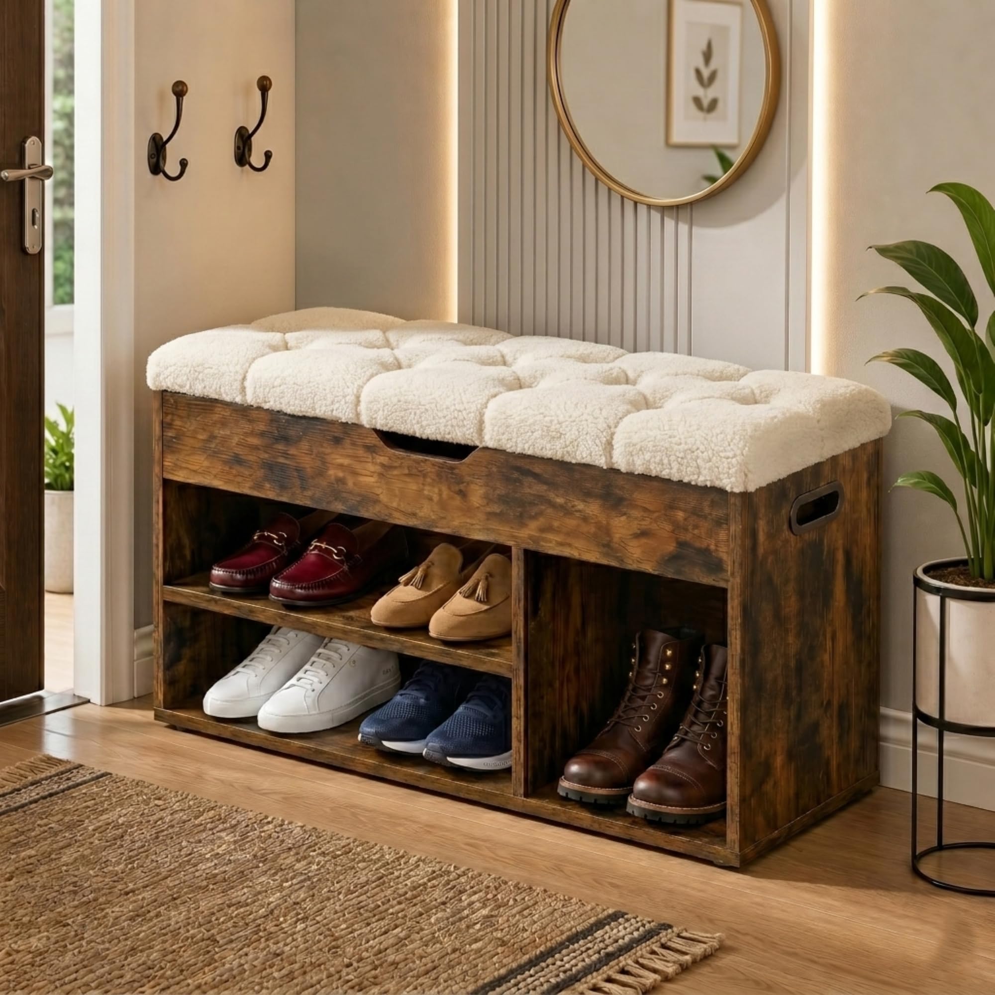 Wooden Shoe Storage Bench Tufted Teddy Cushion Seat, 80Cm, Teddy Cream — image 1