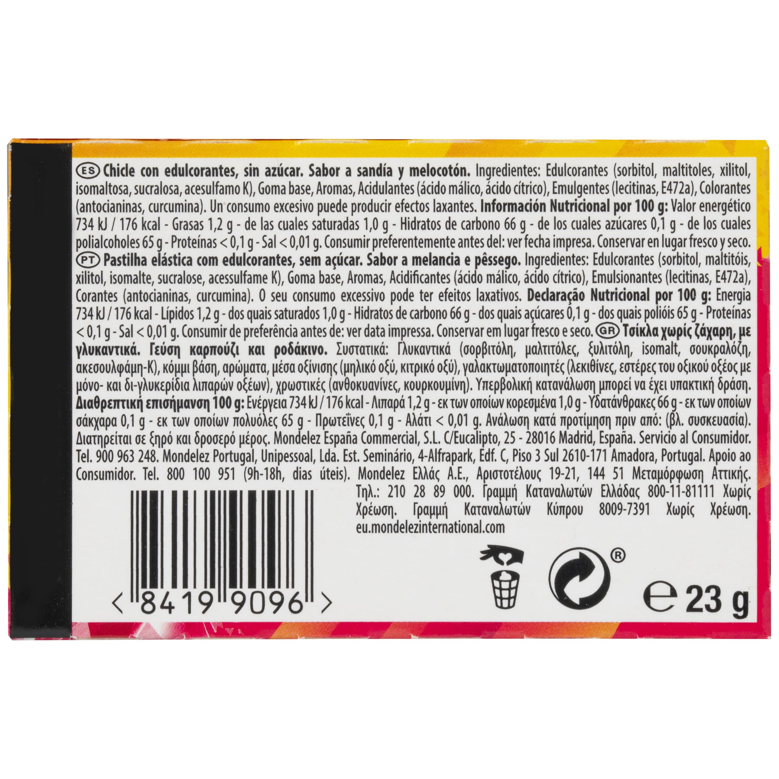 Trident Max Melocotón y Sandía - Chicles sin Azúcar con Sabor a Melocotón y Sandía- Paquete de 12 Envases de 23 g