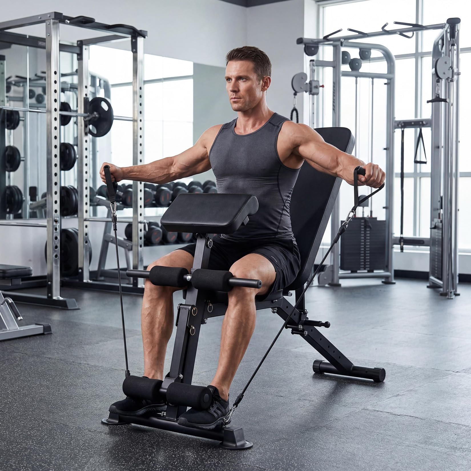 Banco de musculación ajustable, banco de fitness plegable con soporte para piernas para entrenamiento completo en el hogar, multifunción entrenamiento completo del cuerpo con cuerda de tracción