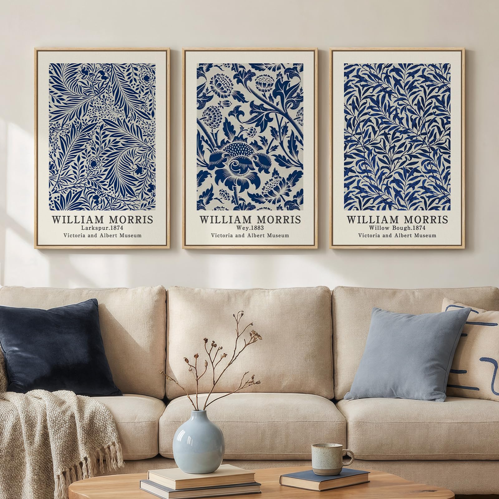 framed william morris wall art set of 3, large vintage blue botanical floral canvas prints, farmhouse aesthetic wall decor for living room bedroom hallway office, 16x24 inch