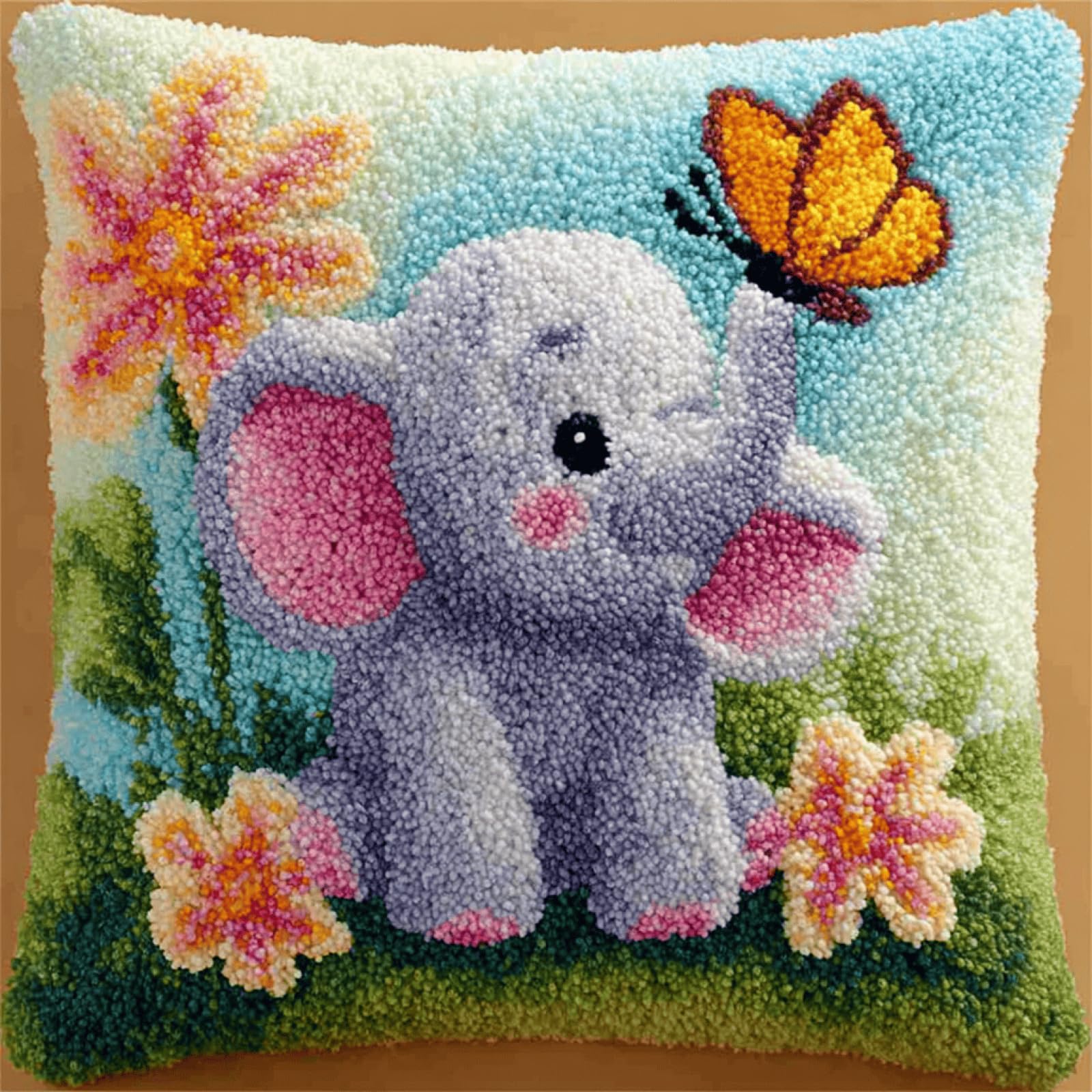 XDEGHUANGSS Latch Hook Kit DIY Butterfly Elephant Pillow Cover Cushion - Beginner Handmade Yarn Kit Sofa Home Decor Material Pack Gift,43x43 cm