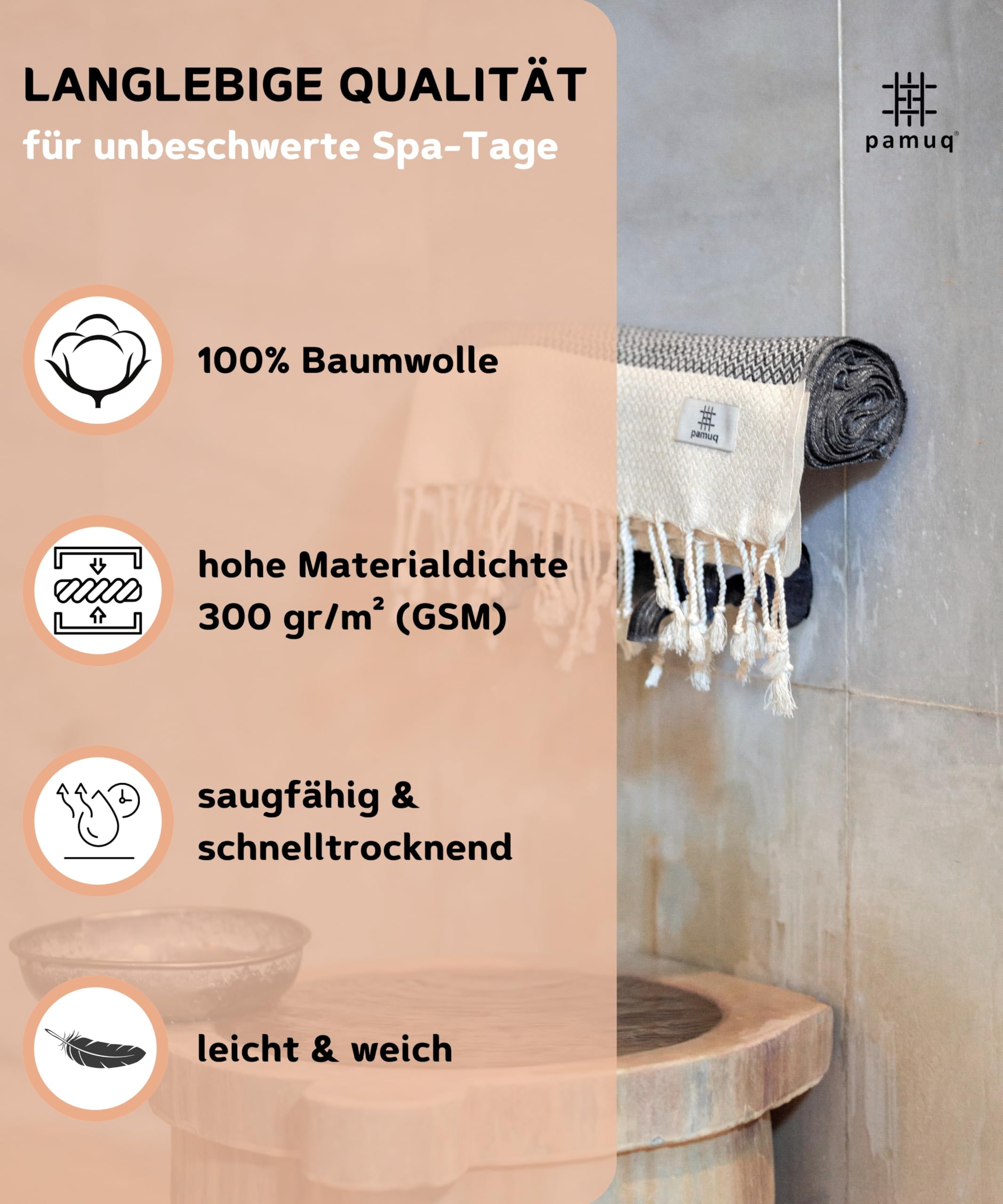 pamuq® Strandtuch XXL – Hamamtuch, Saunatuch, Badetuch & Duschtuch aus Baumwolle, handgemacht, leicht, saugstark, schnelltrocknend… – Ansicht 3