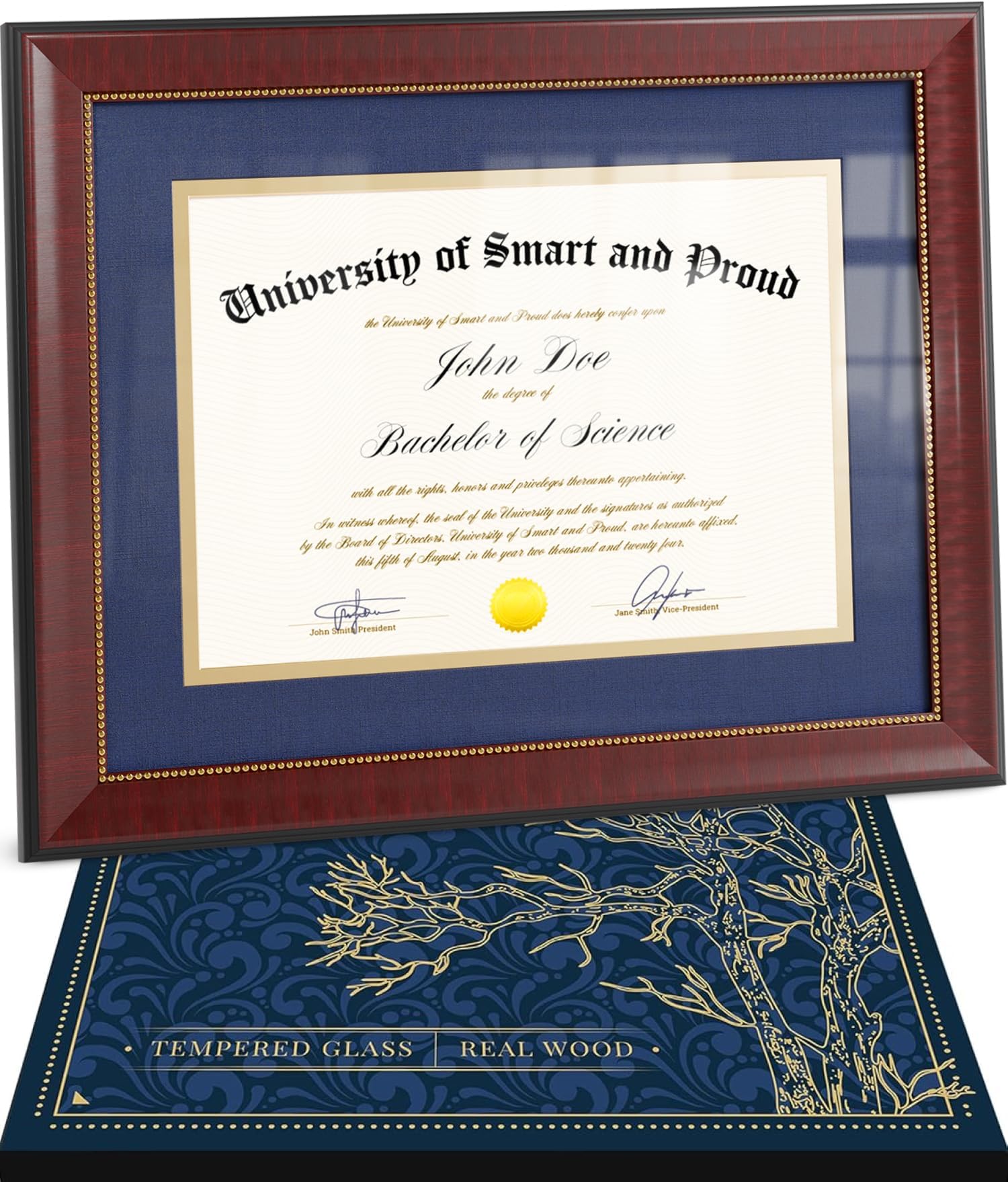 Wooden College Diploma Frame 8.5 x 11 with Mat (Blue /w Golden Rim) — Real Wood, Real Glass — Gift-Ready Packed Graduation Gift — Certificate Holder — Document Frame For Bachelors and Masters Degree