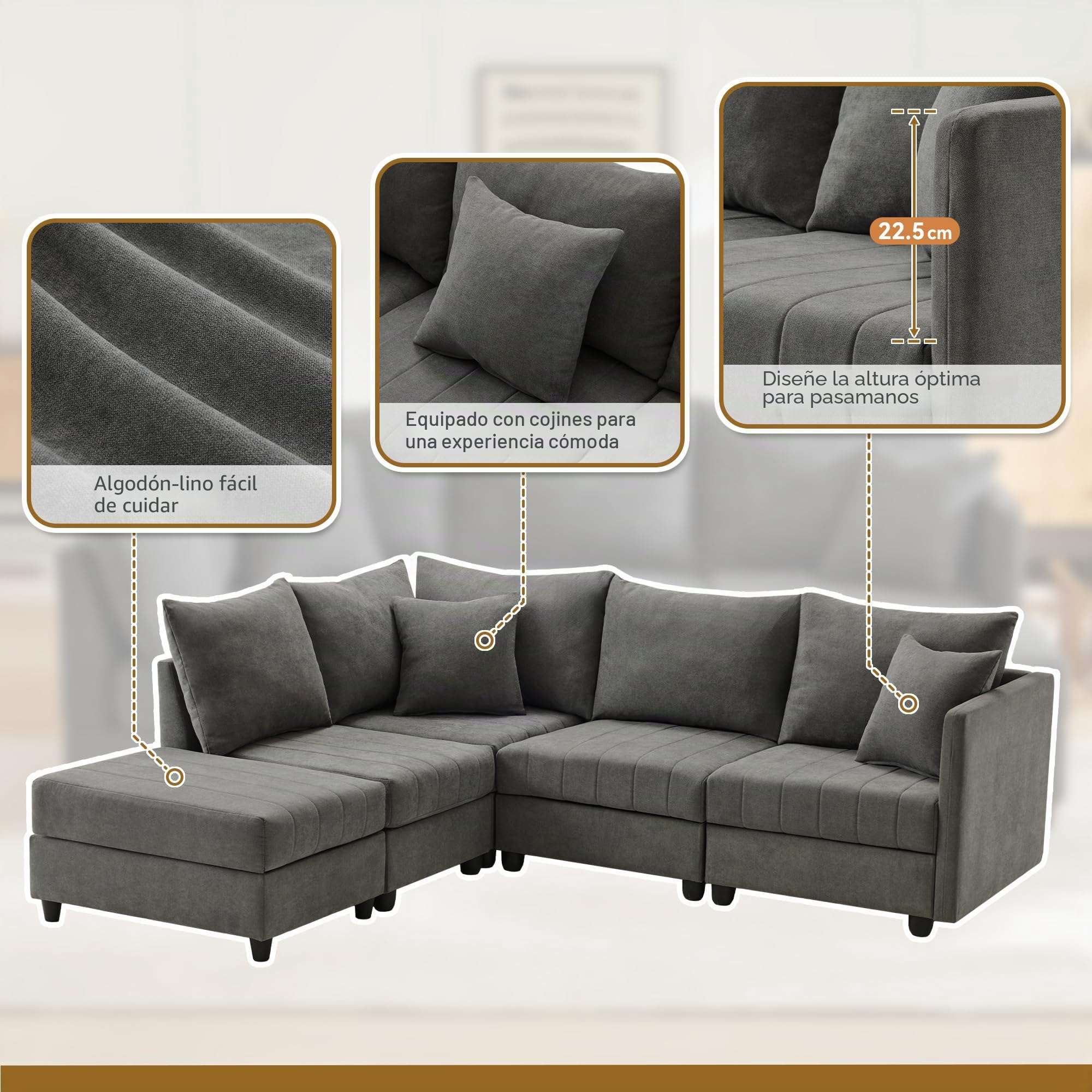 Sofá esquinero moderno 5 plazas rayas verticales convertible en forma de L U sofá modular salón gris