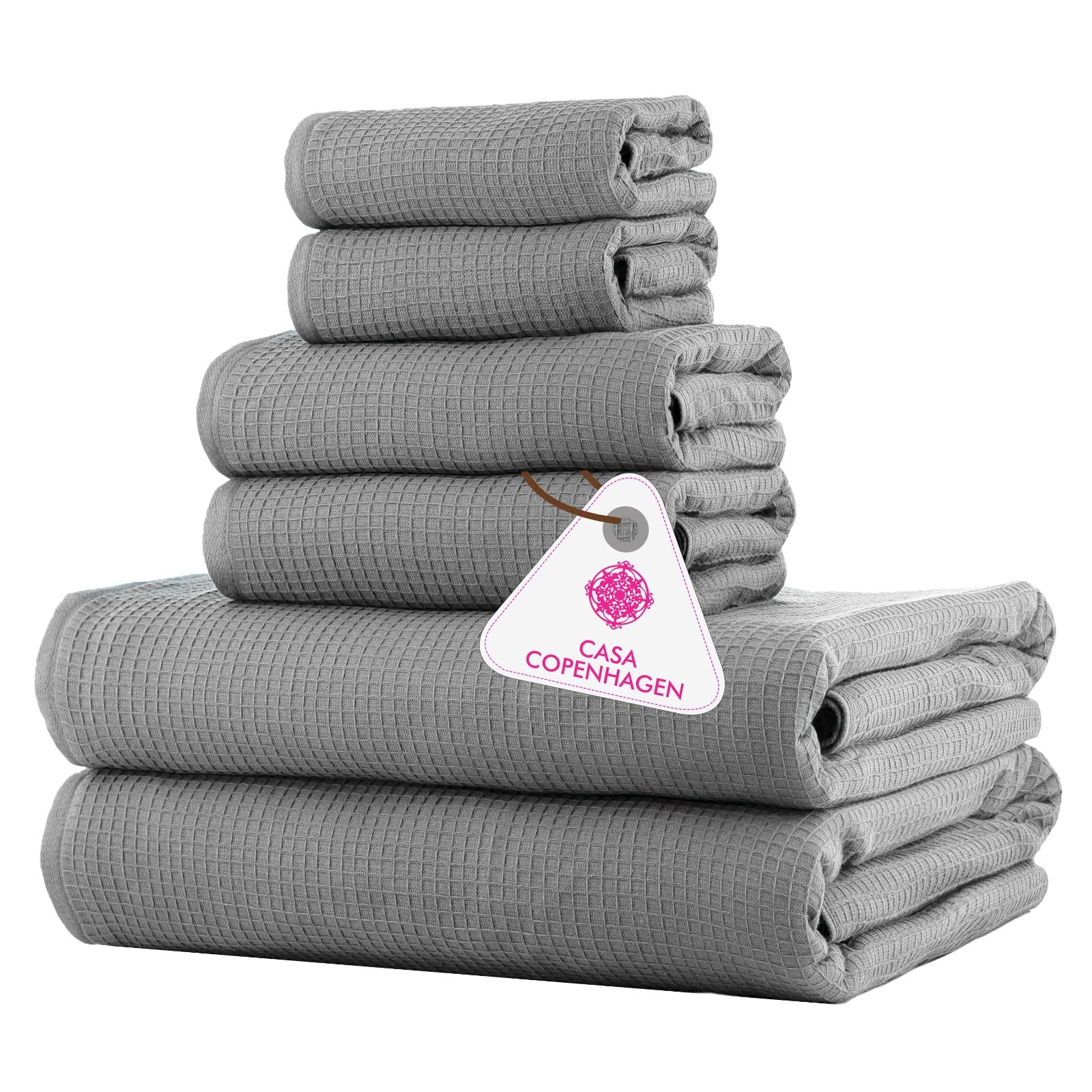 CASA COPENHAGEN Waffle Terry 6-Piece Set, Cotton, extra large, luxurious, Gray-Violet, 2 bath towels XL, 70x140 cm, 2 large hand towels, 50x80 cm, 2 large washcloths, 40x40 cm